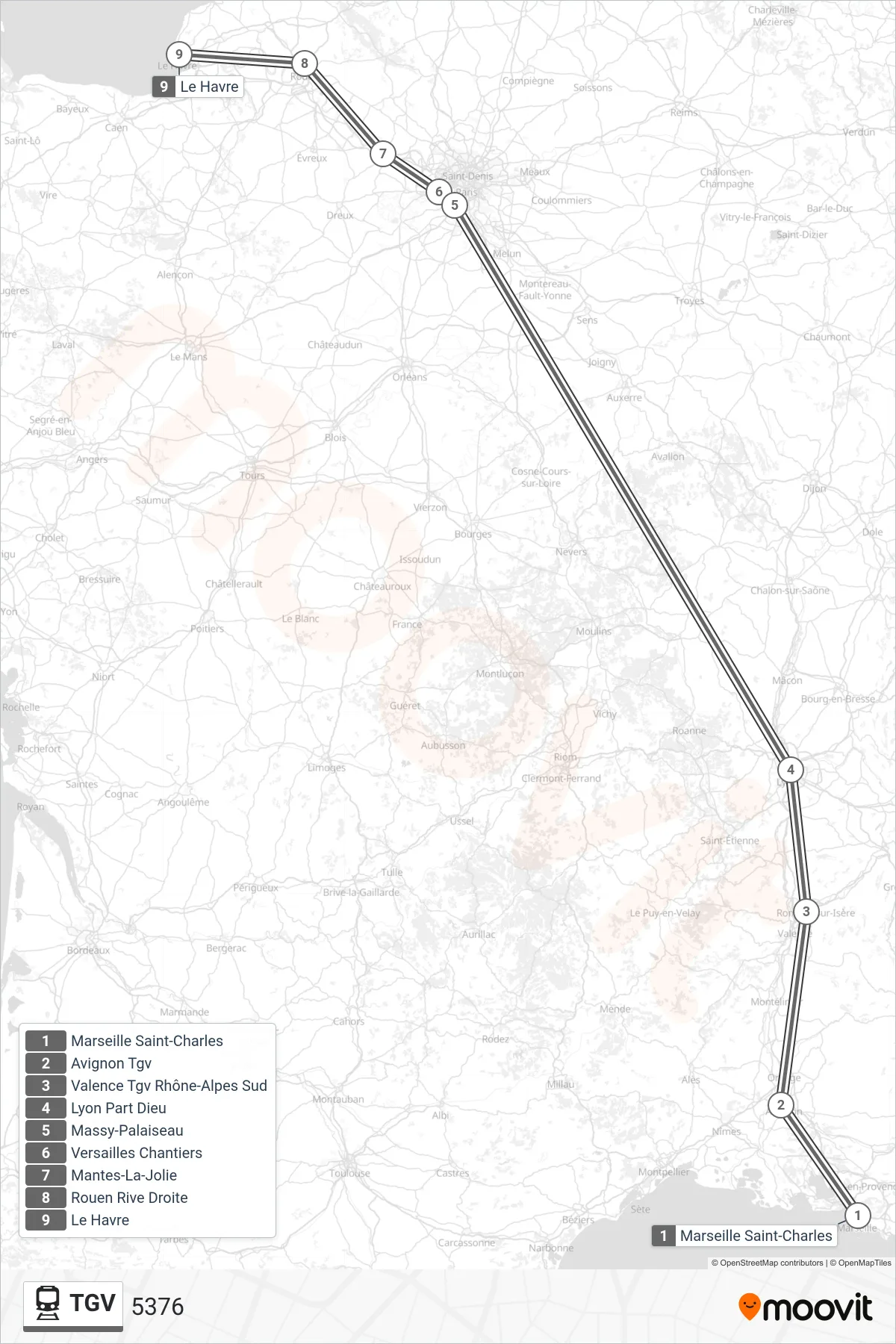 Tracé et arrêts de la ligne TGV de train (5376) sur une carte