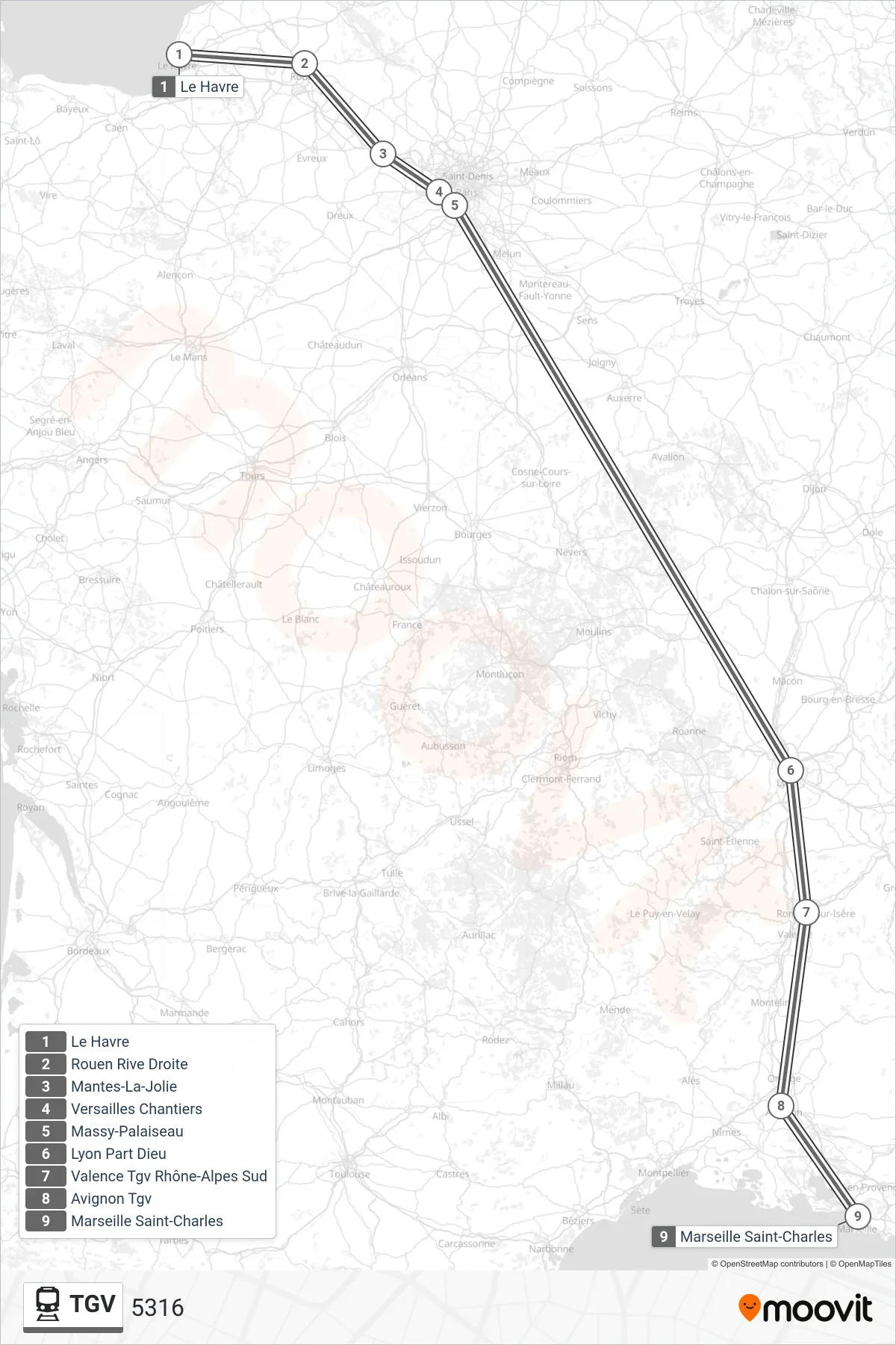 Tracé et arrêts de la ligne TGV de train (5316) sur une carte