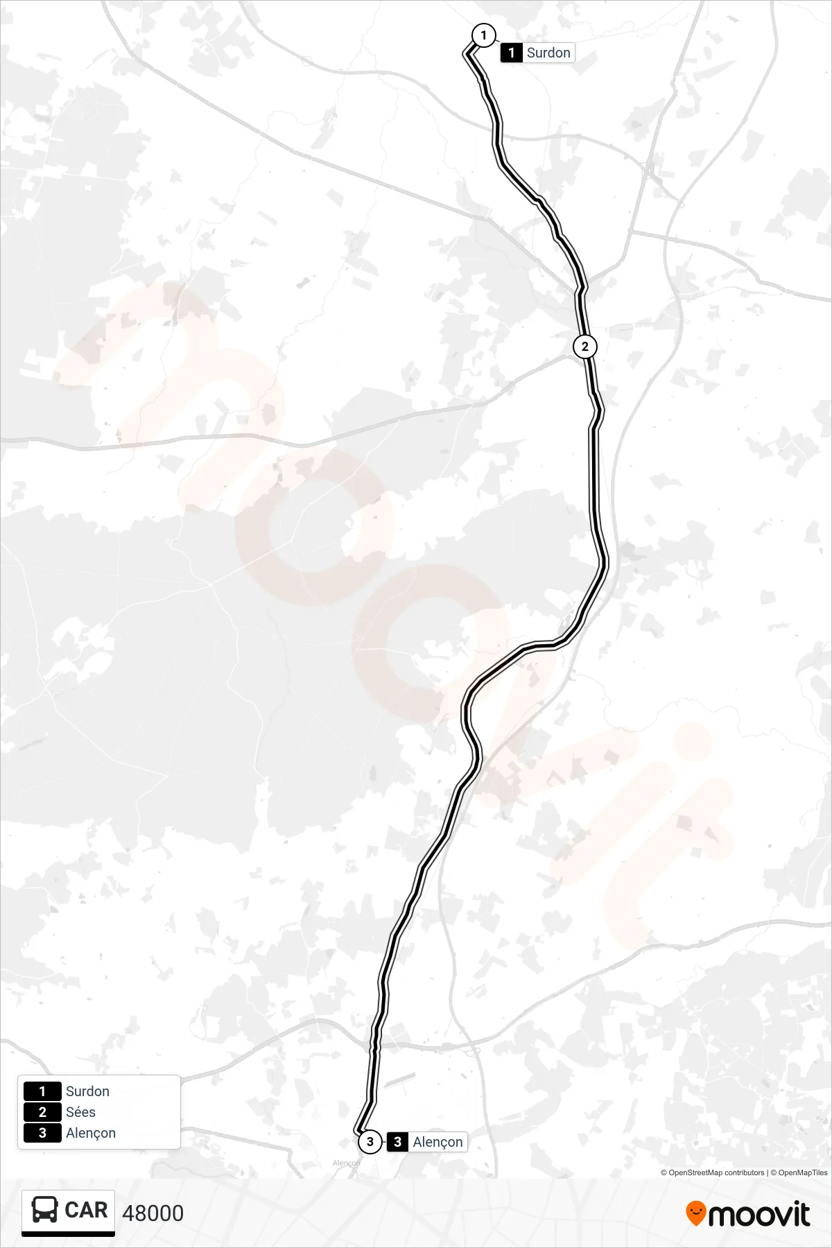 Tracé et arrêts de la ligne CAR de bus (48000) sur une carte