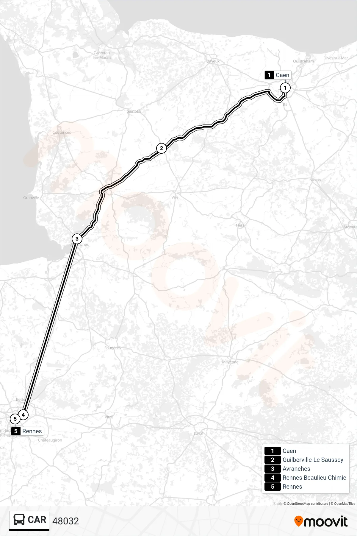 Tracé et arrêts de la ligne CAR de bus (48032) sur une carte