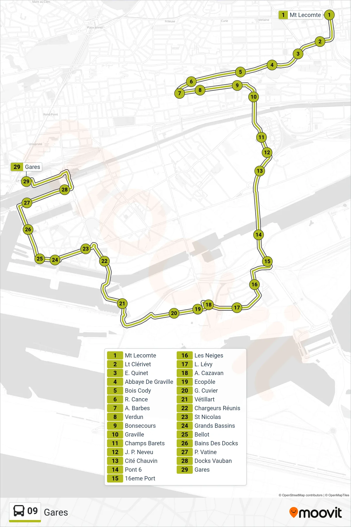 09 bus Line (Gares) route and stops on a map