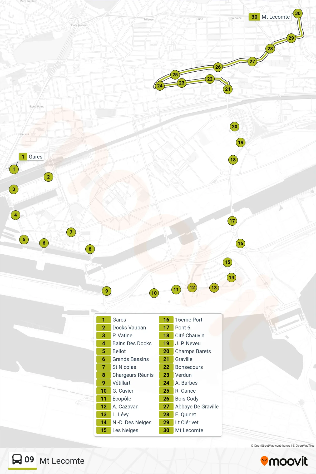 Recorrido y paradas de la línea 09 de autobús (Mt Lecomte) en el mapa