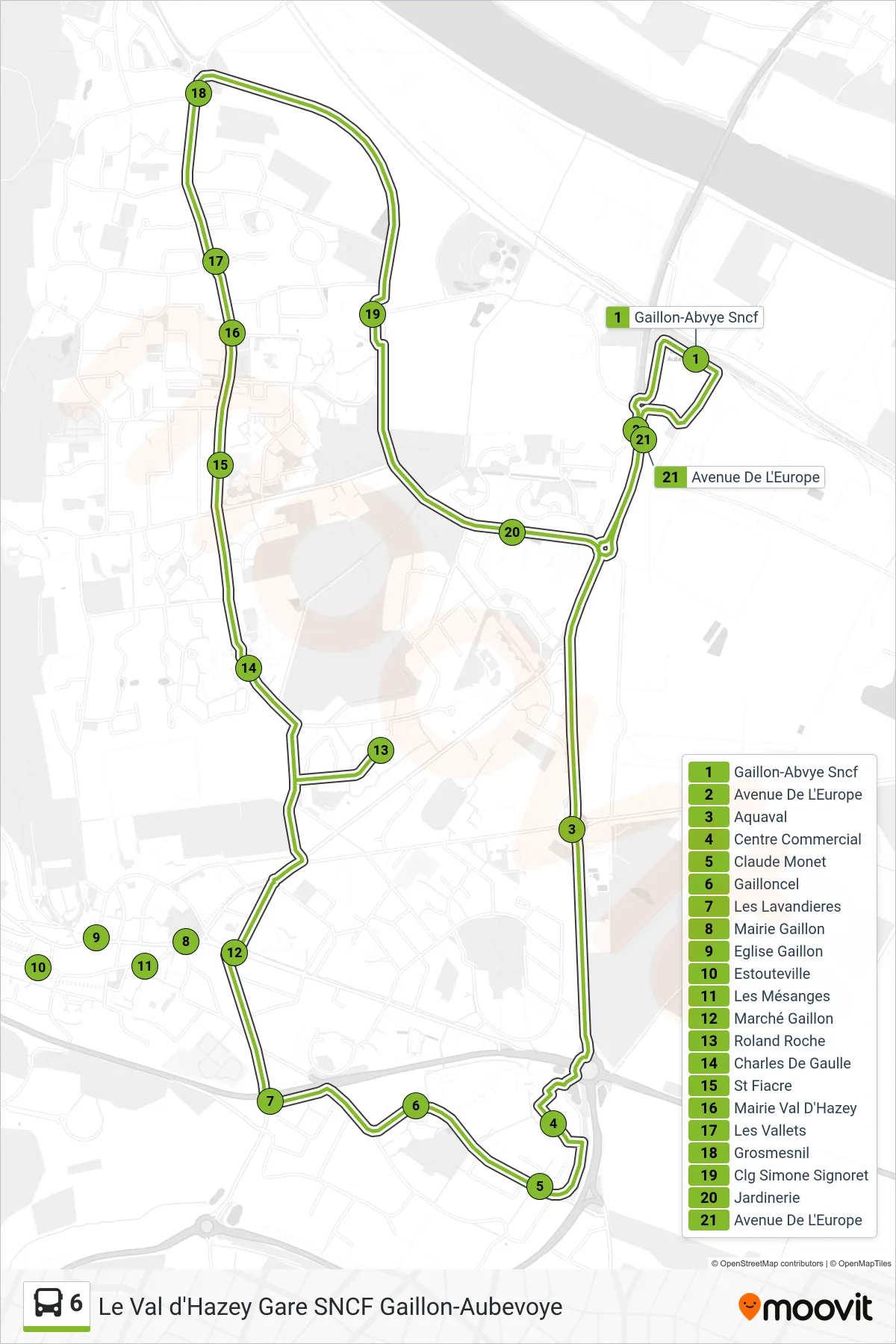Tracé et arrêts de la ligne 6 de bus (Gare S.N.C.F. Gaillon-Abvye) sur une carte