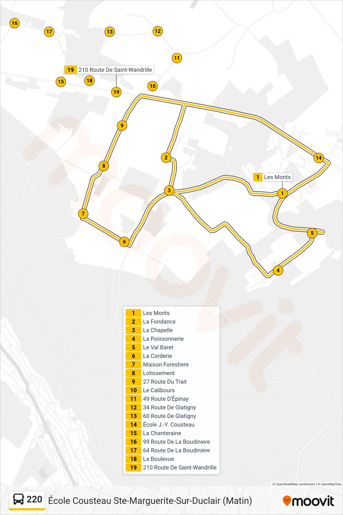 Recorrido y paradas de la línea 220 de autobús (École Cousteau Ste-Marguerite-Sur-Duclair (Matin)) en el mapa