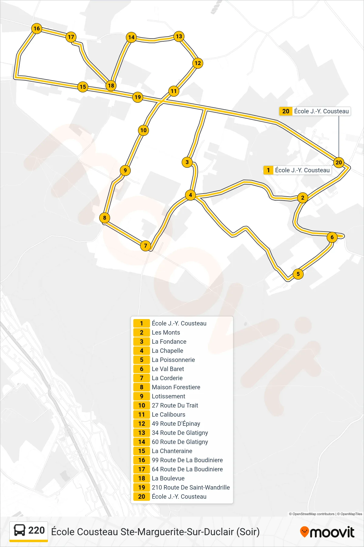 Tracé et arrêts de la ligne 220 de bus (École Cousteau Ste-Marguerite-Sur-Duclair (Soir)) sur une carte