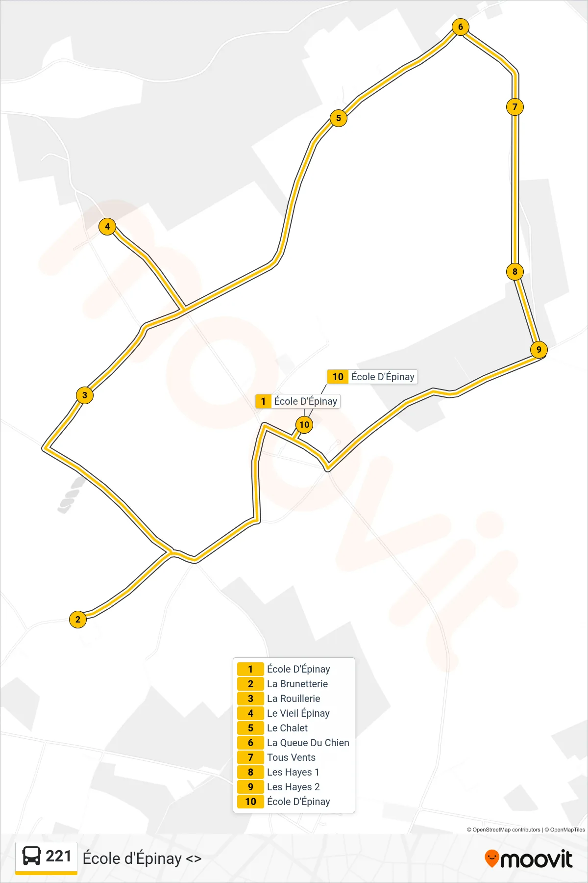 Tracé et arrêts de la ligne 221 de bus (École Épinay-Sur-Duclair (Matin)) sur une carte