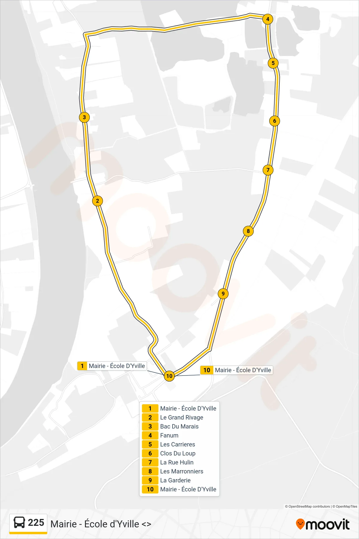 Tracé et arrêts de la ligne 225 de bus (Mairie - École D'Yville Yville-Sur-Seine (Matin)) sur une carte
