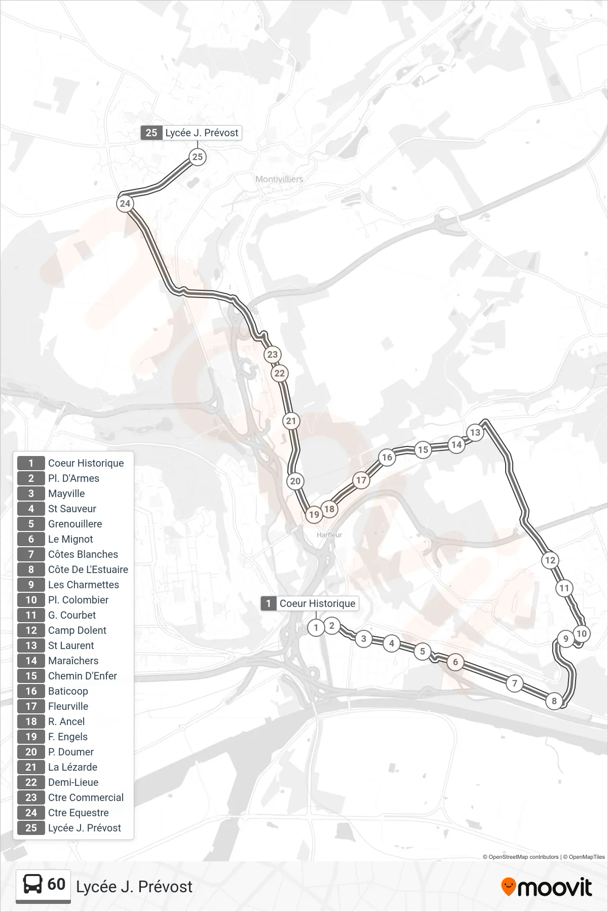 Tracé et arrêts de la ligne 60 de bus (Lycée J. Prévost) sur une carte
