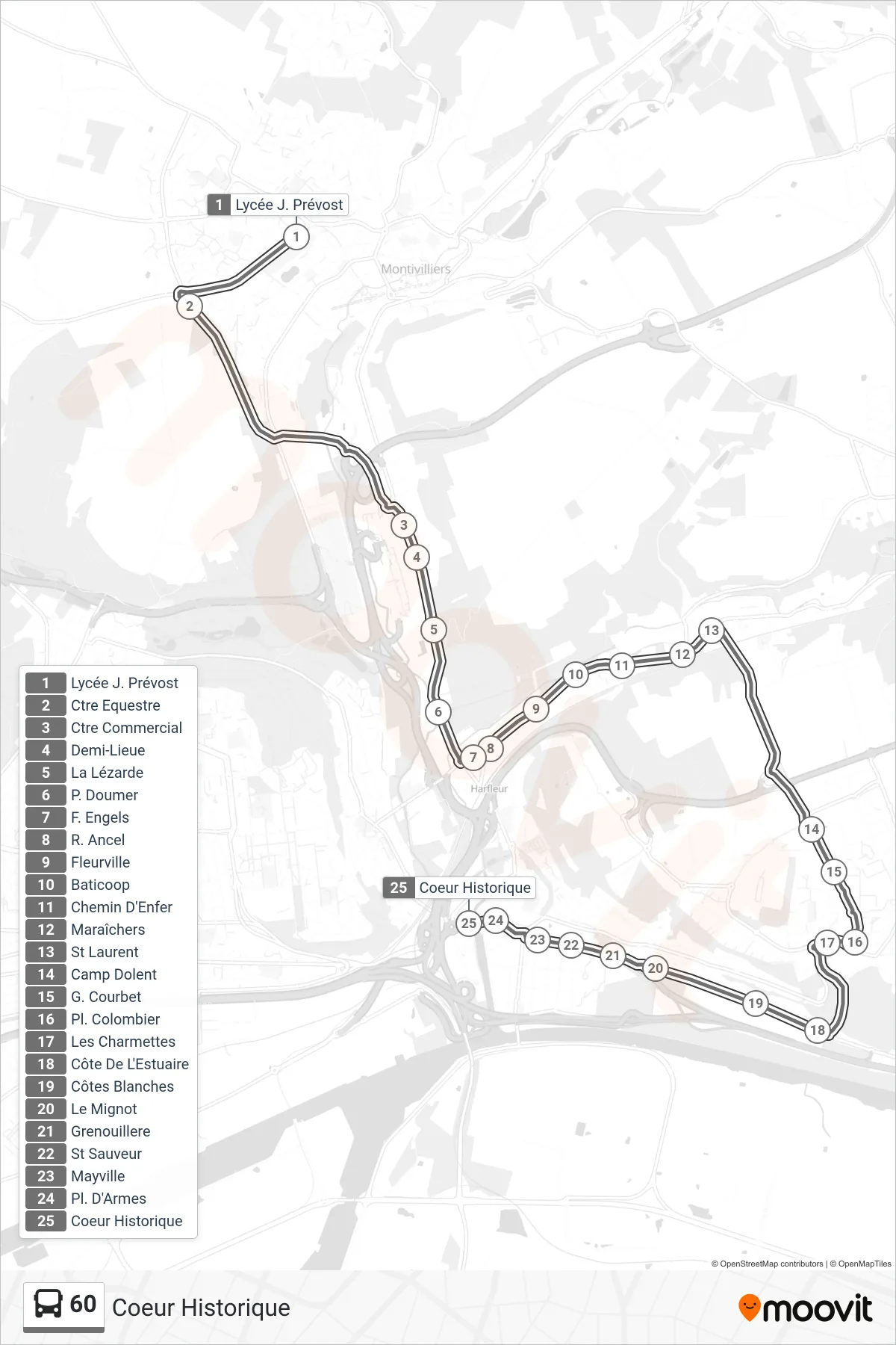 Tracé et arrêts de la ligne 60 de bus (Coeur Historique) sur une carte