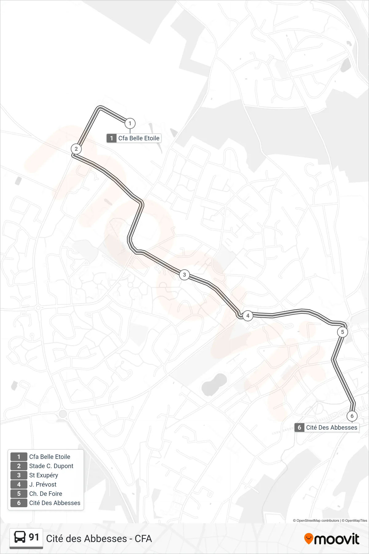 Tracé et arrêts de la ligne 91 de bus (Cité Des Abbesses) sur une carte