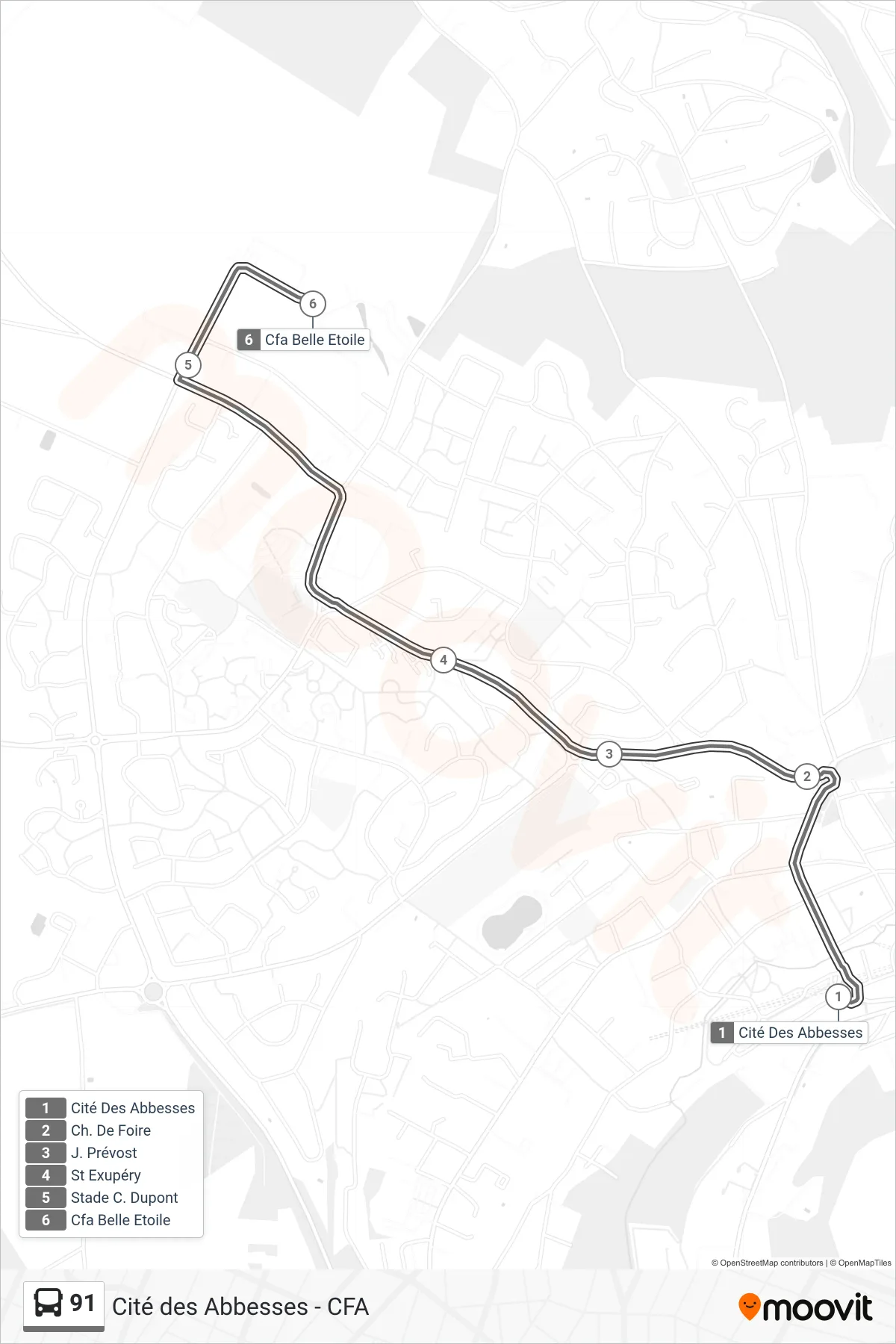 Tracé et arrêts de la ligne 91 de bus (Cfa Belle Etoile) sur une carte