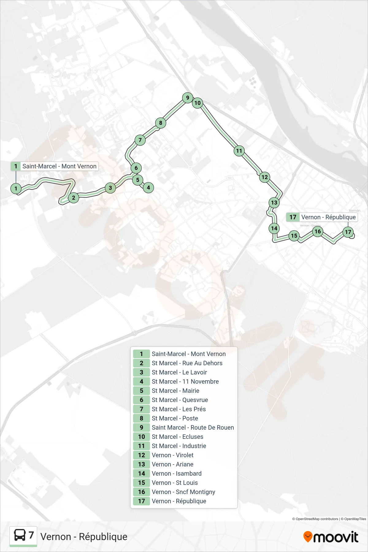 Tracé et arrêts de la ligne 7 de bus (Vernon - République) sur une carte