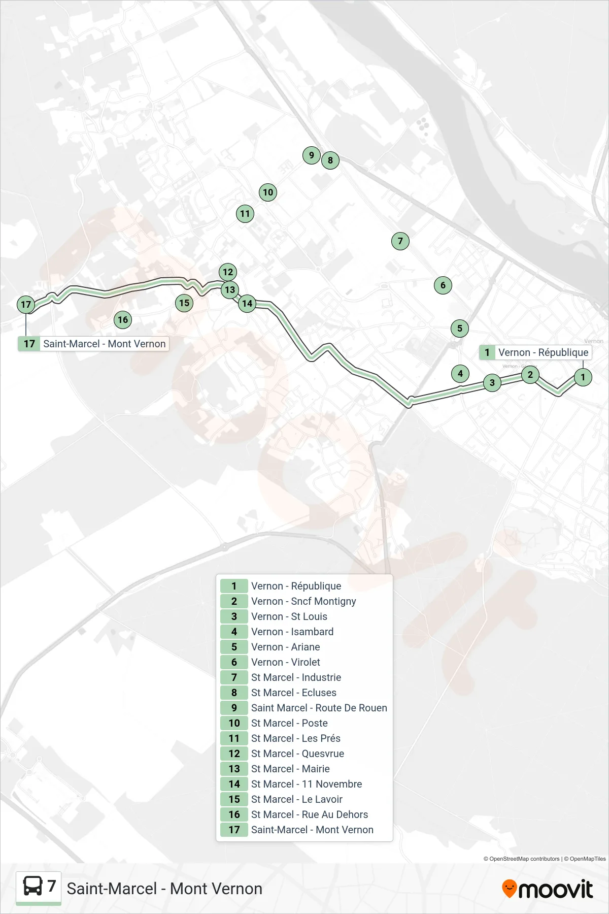 Tracé et arrêts de la ligne 7 de bus (Saint-Marcel - Mont Vernon) sur une carte
