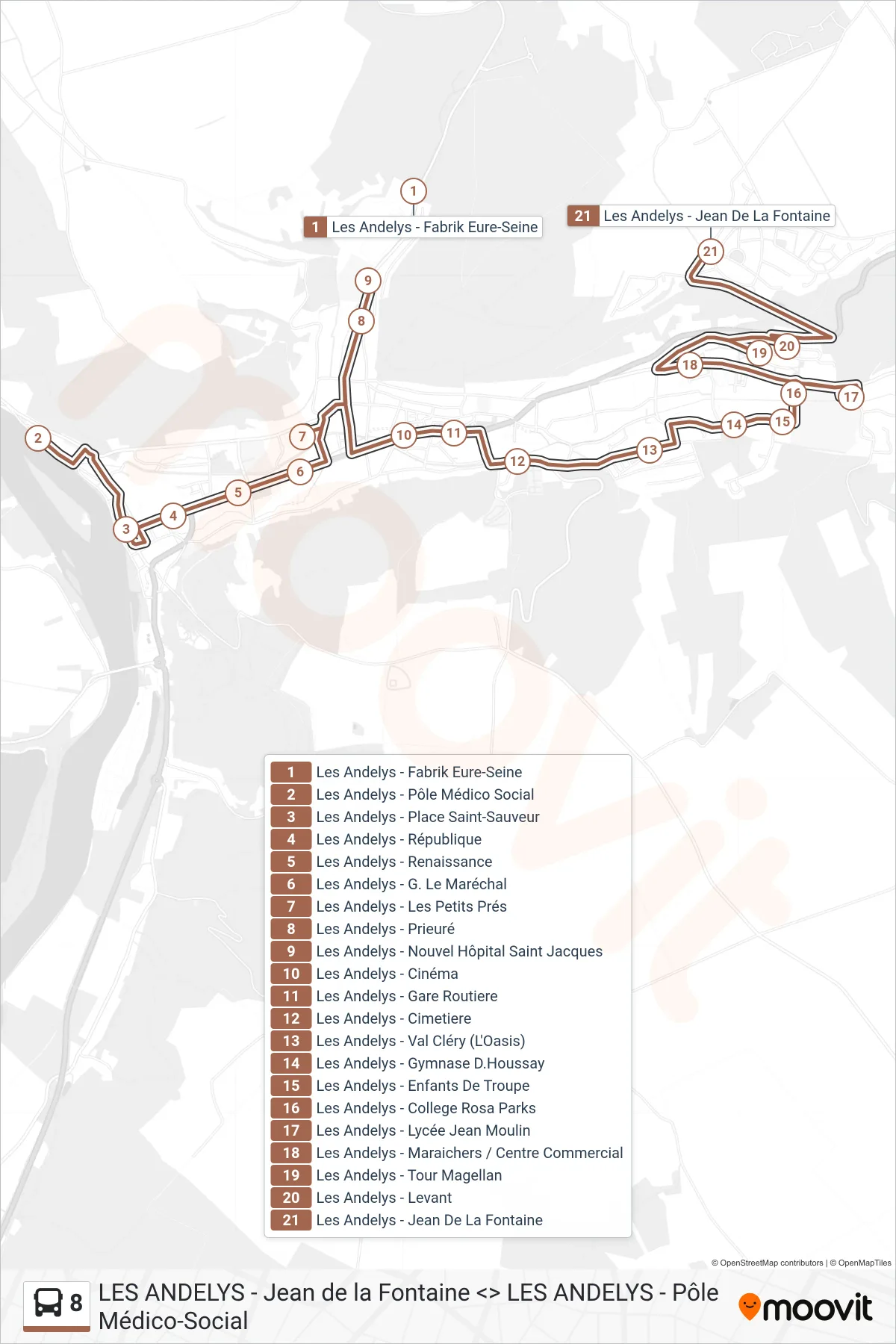 Tracé et arrêts de la ligne 8 de bus (Les Andelys - Jean De La Fontaine) sur une carte