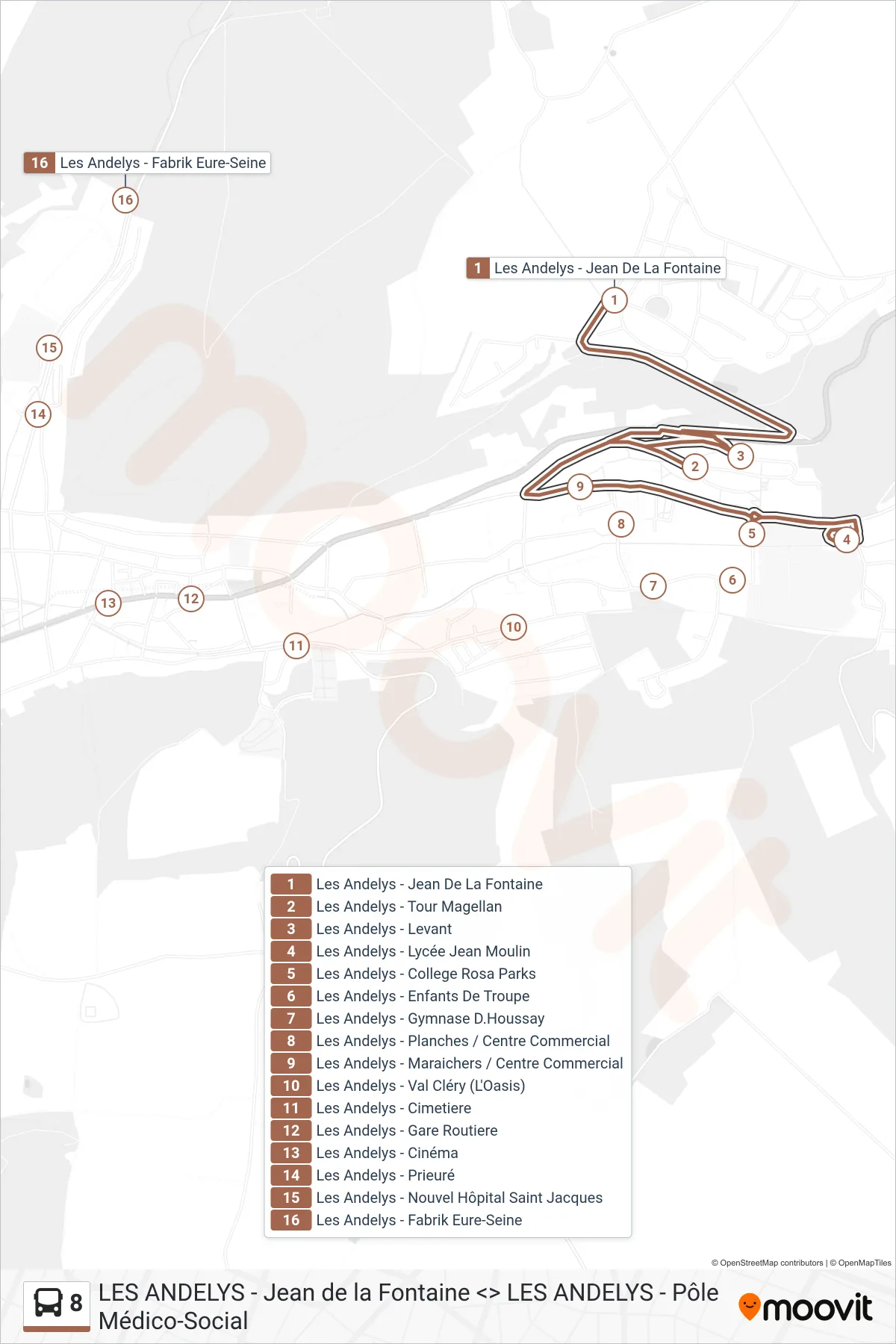 Tracé et arrêts de la ligne 8 de bus (Les Andelys - Fabrik Eure-Seine) sur une carte