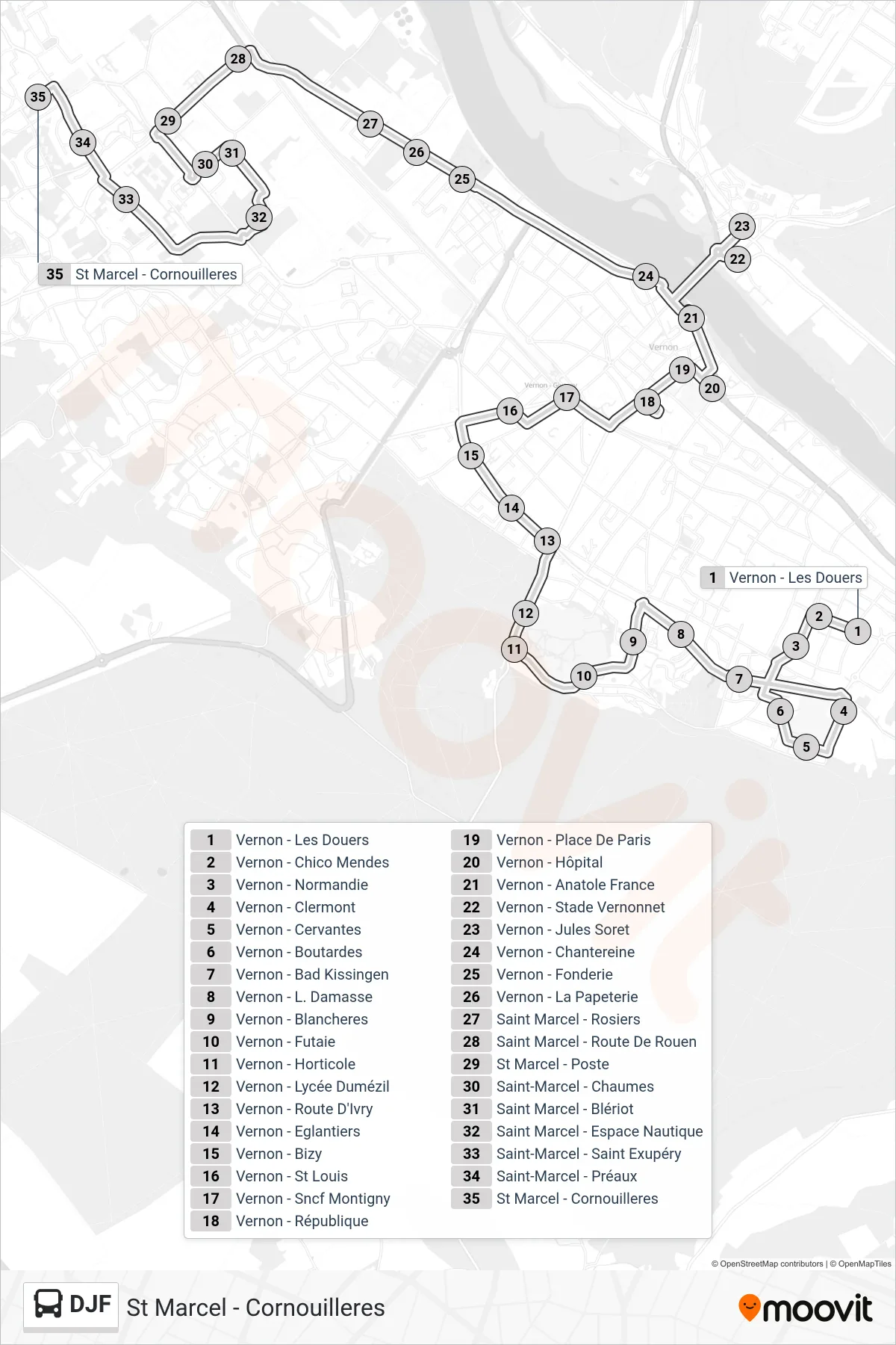 Tracé et arrêts de la ligne DJF de bus (St Marcel - Cornouilleres) sur une carte