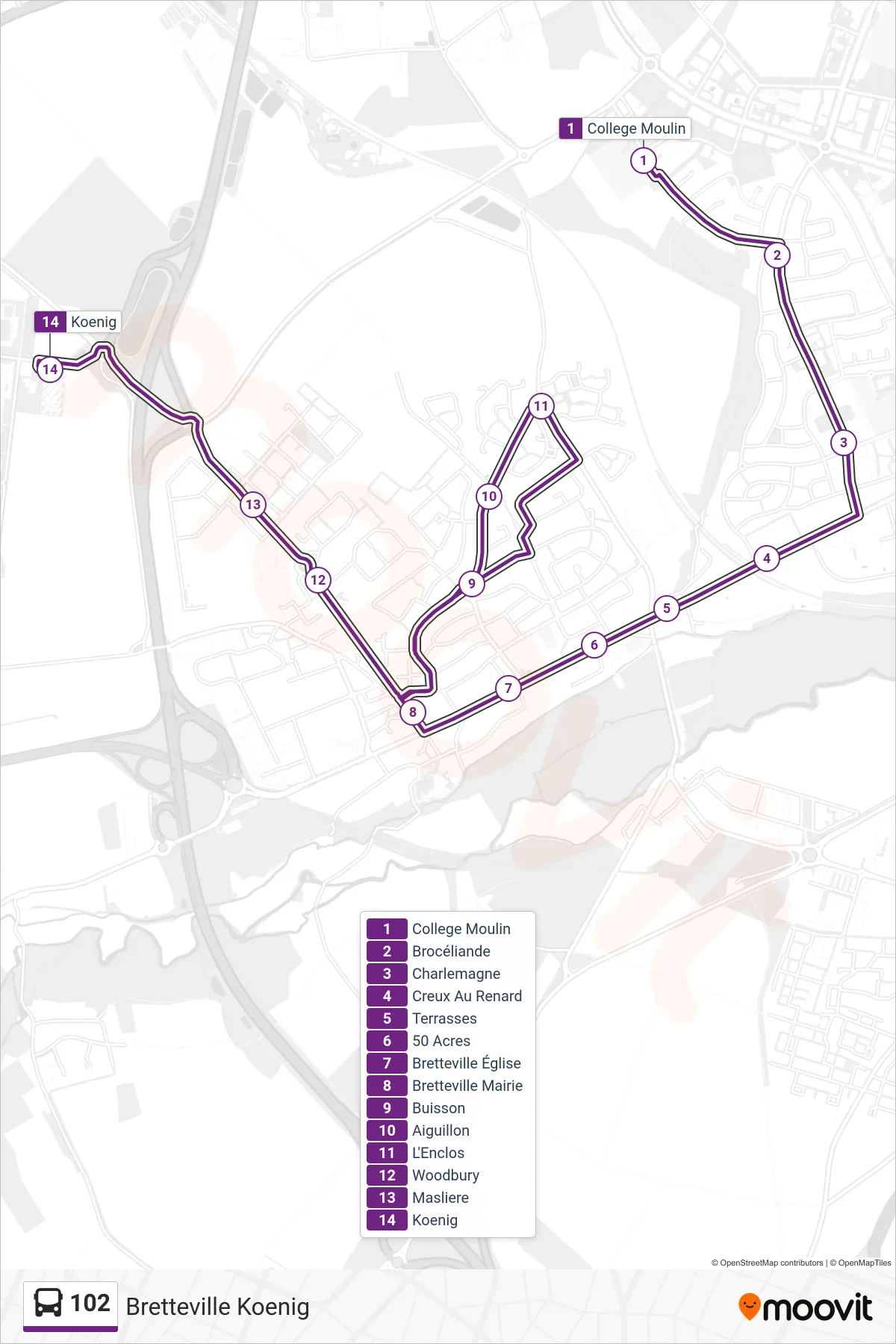 Tracé et arrêts de la ligne 102 de bus (Bretteville Koenig) sur une carte