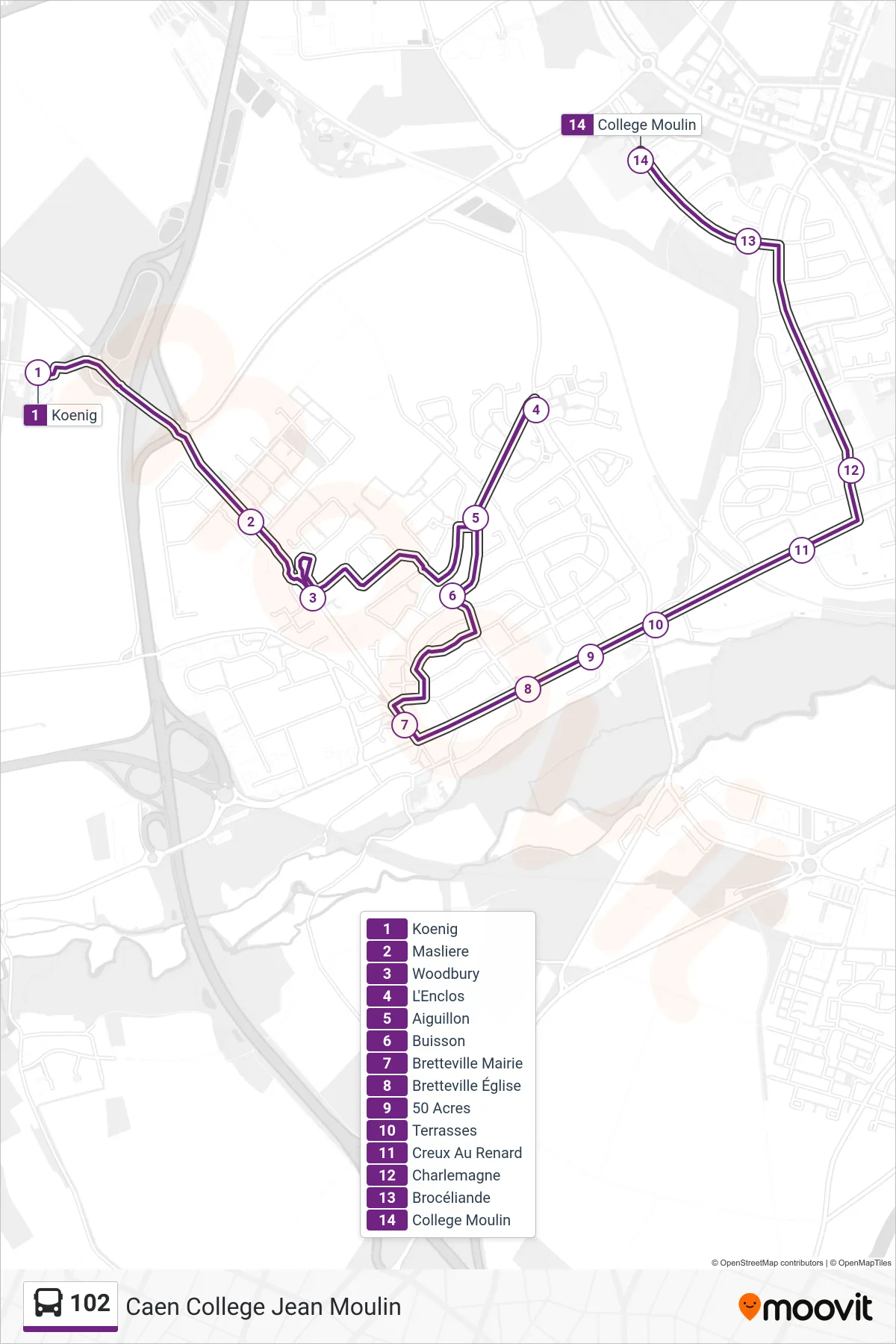 Tracé et arrêts de la ligne 102 de bus (Caen College Jean Moulin) sur une carte
