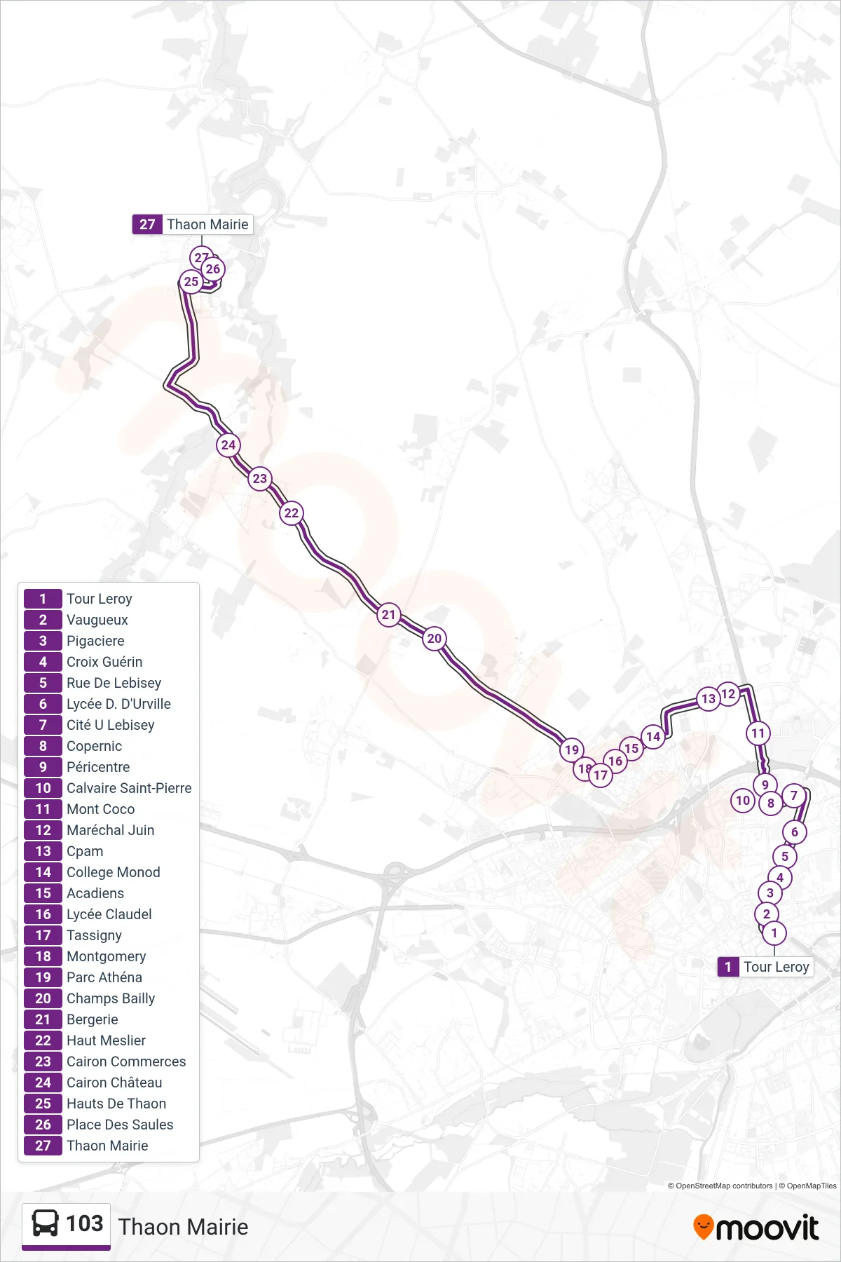 Tracé et arrêts de la ligne 103 de bus (Thaon Mairie) sur une carte