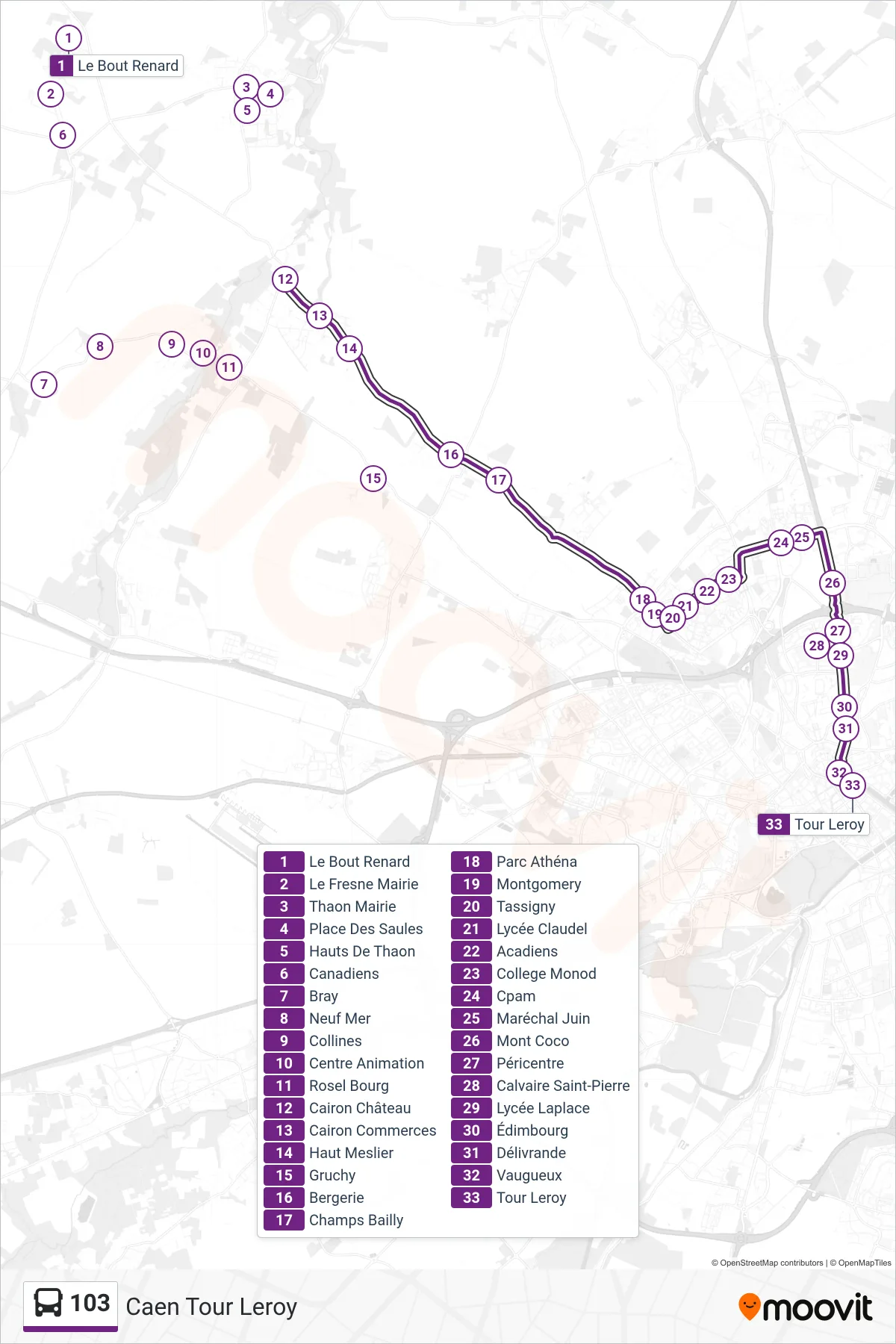 Tracé et arrêts de la ligne 103 de bus (Caen Tour Leroy) sur une carte