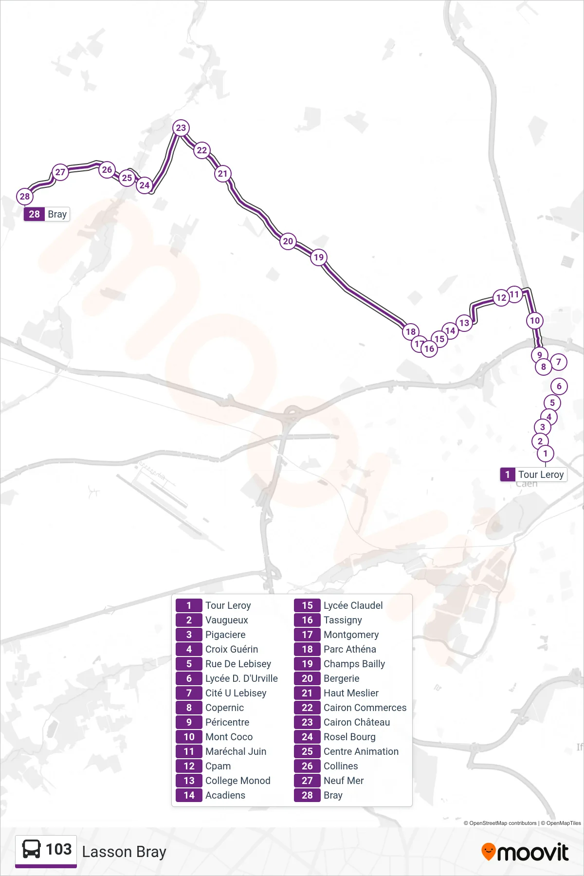 103 bus Line (Lasson Bray) route and stops on a map