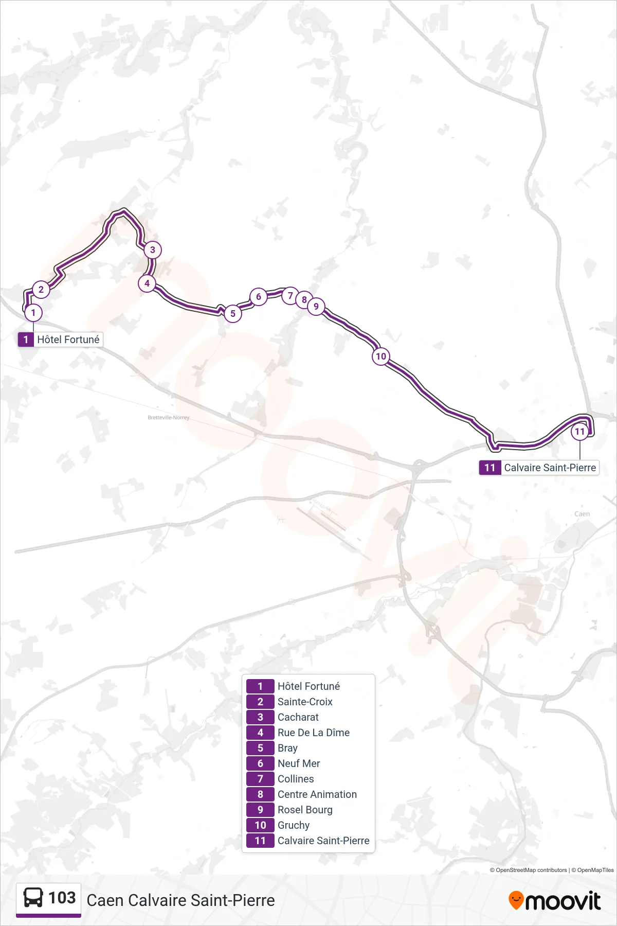 Tracé et arrêts de la ligne 103 de bus (Caen Calvaire Saint-Pierre) sur une carte