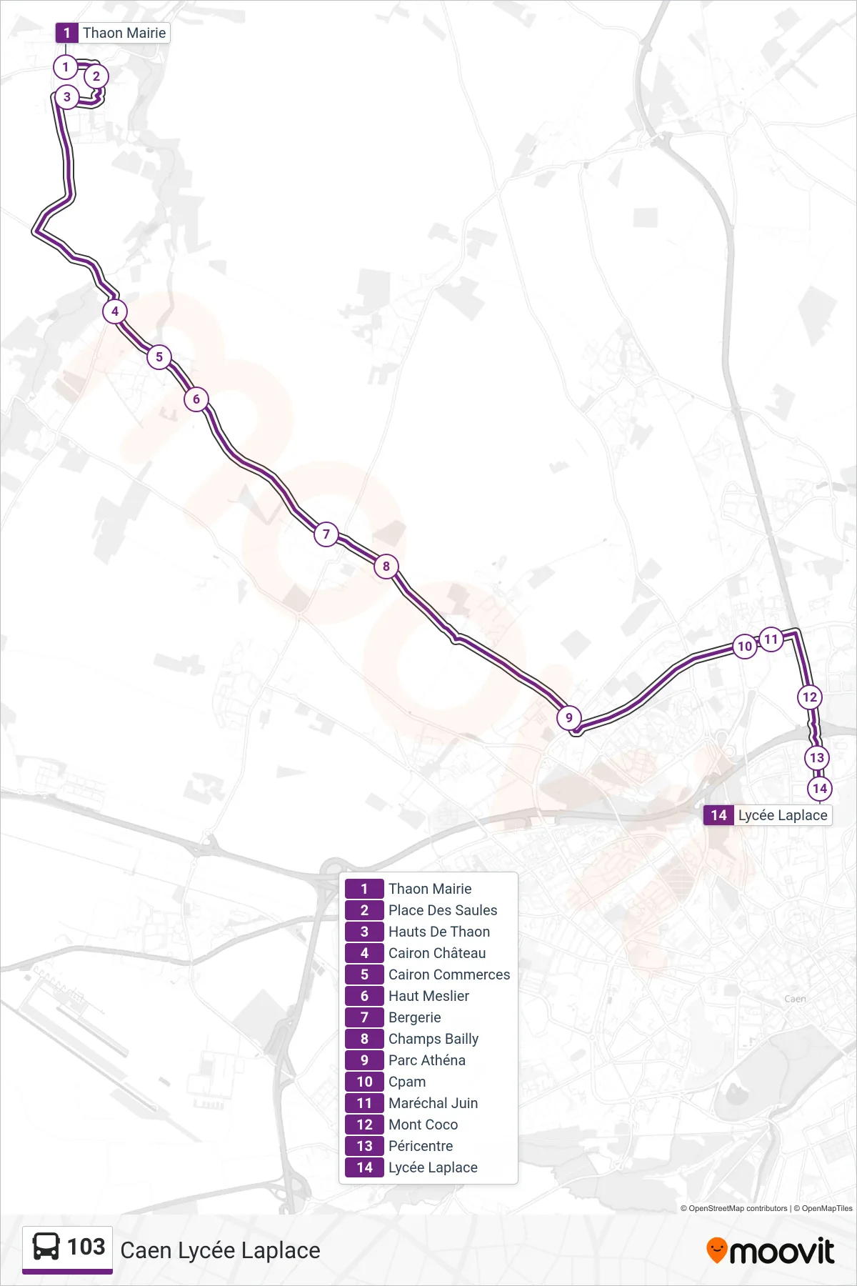 Tracé et arrêts de la ligne 103 de bus (Caen Lycée Laplace) sur une carte