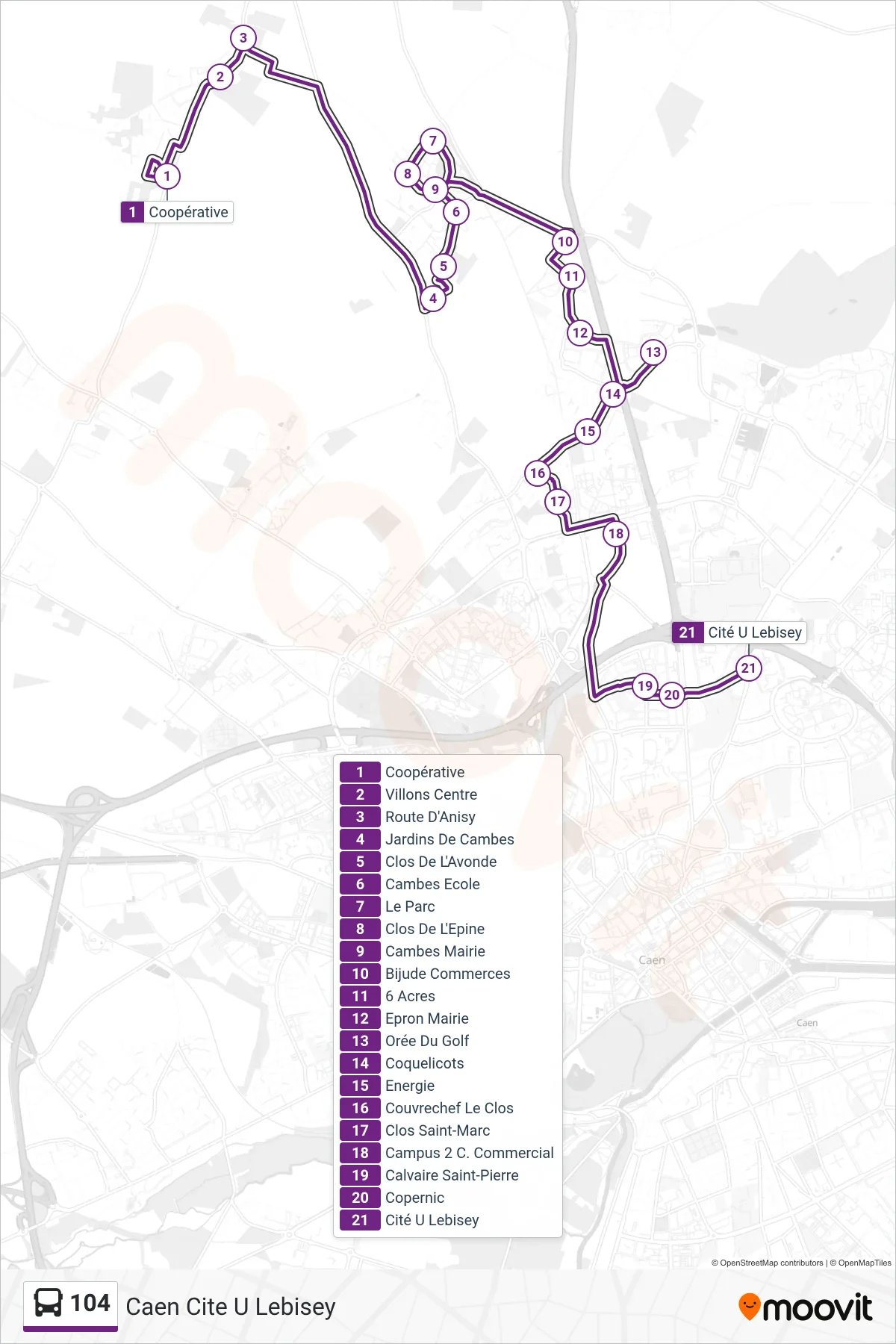 Tracé et arrêts de la ligne 104 de bus (Caen Cite U Lebisey) sur une carte