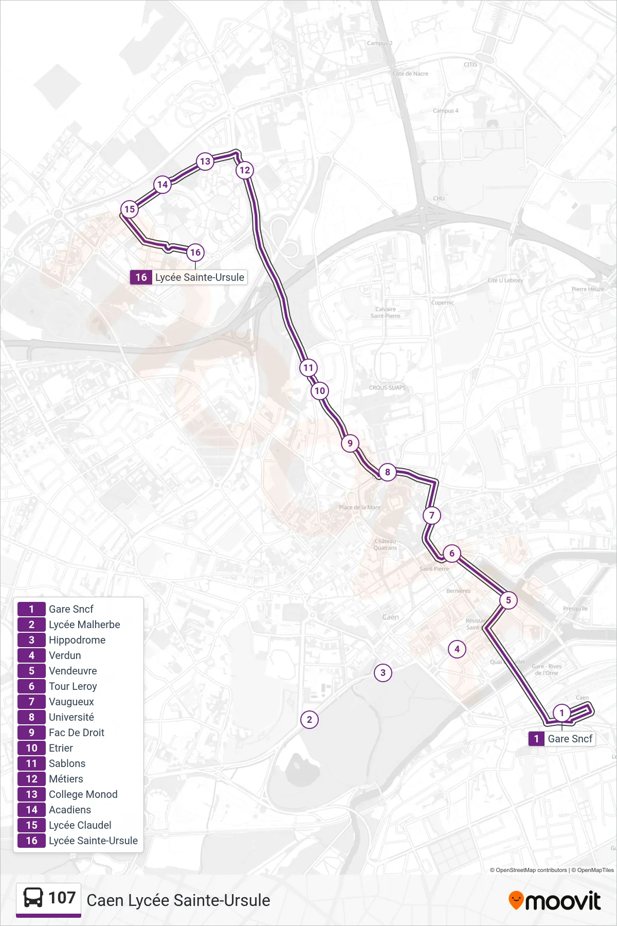 Tracé et arrêts de la ligne 107 de bus (Caen Lycée Sainte-Ursule) sur une carte