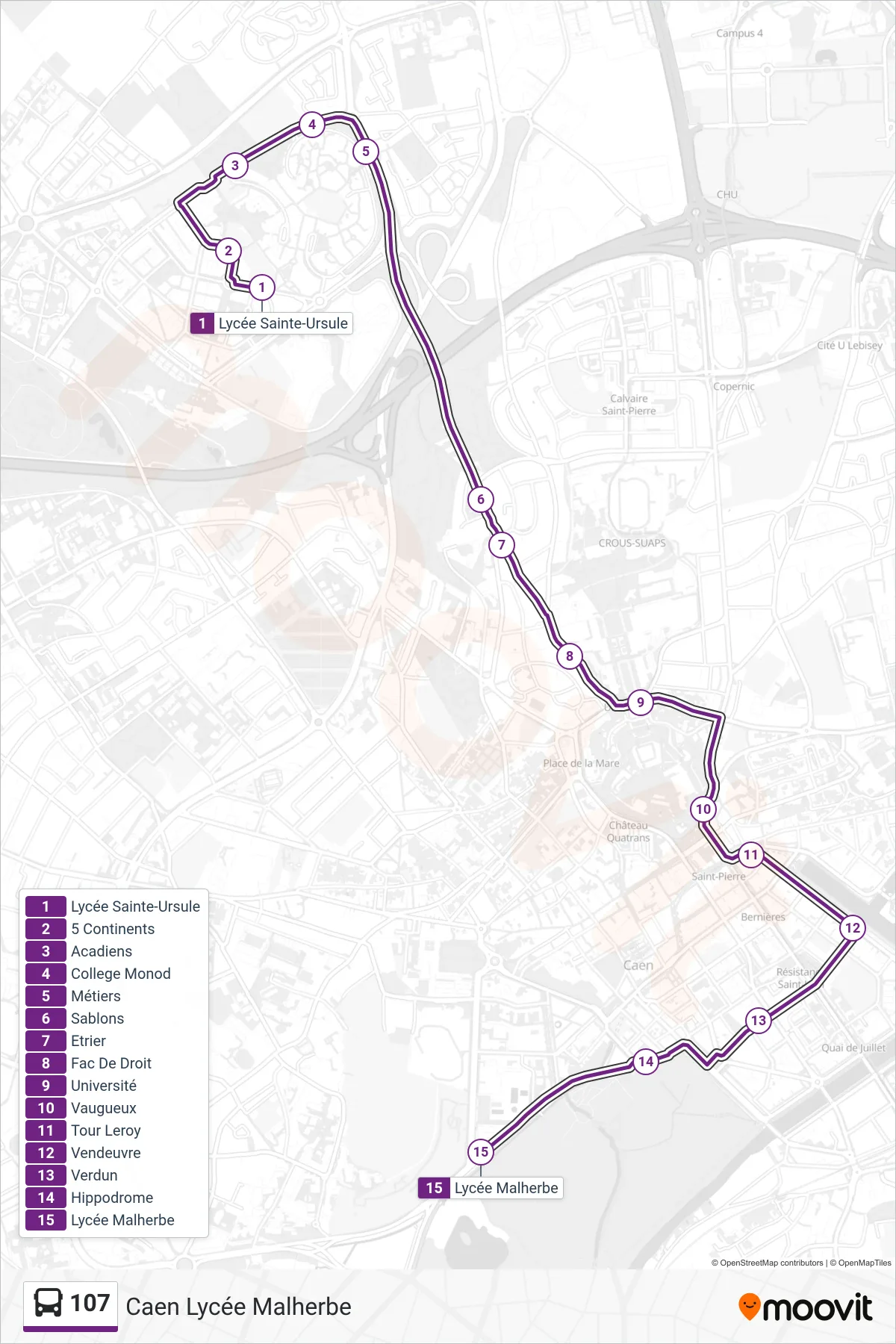 Tracé et arrêts de la ligne 107 de bus (Caen Lycée Malherbe) sur une carte