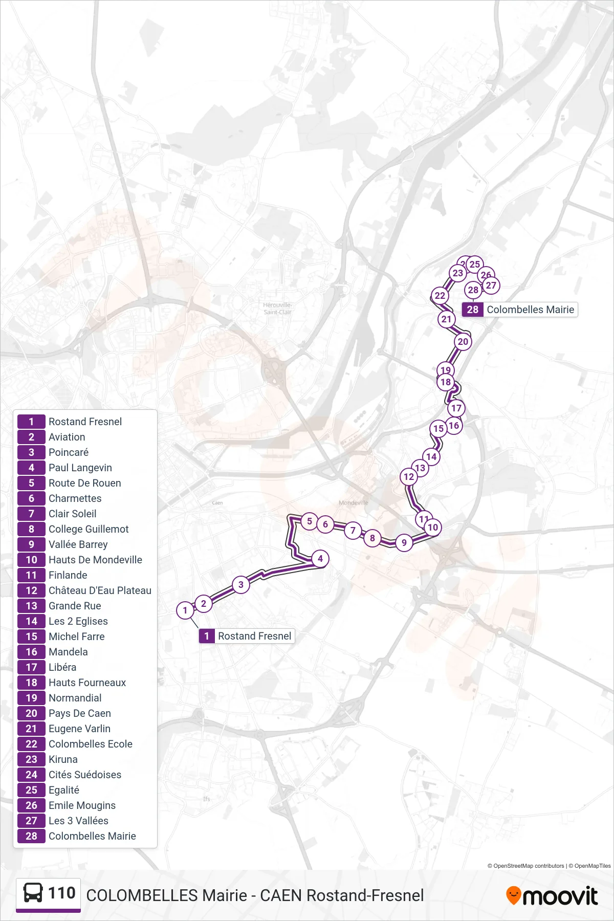 Tracé et arrêts de la ligne 110 de bus (Colombelles Mairie) sur une carte