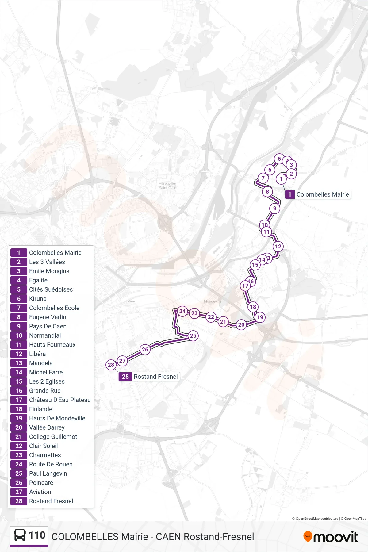 Tracé et arrêts de la ligne 110 de bus (Caen Lycées Rostand-Fresnel) sur une carte