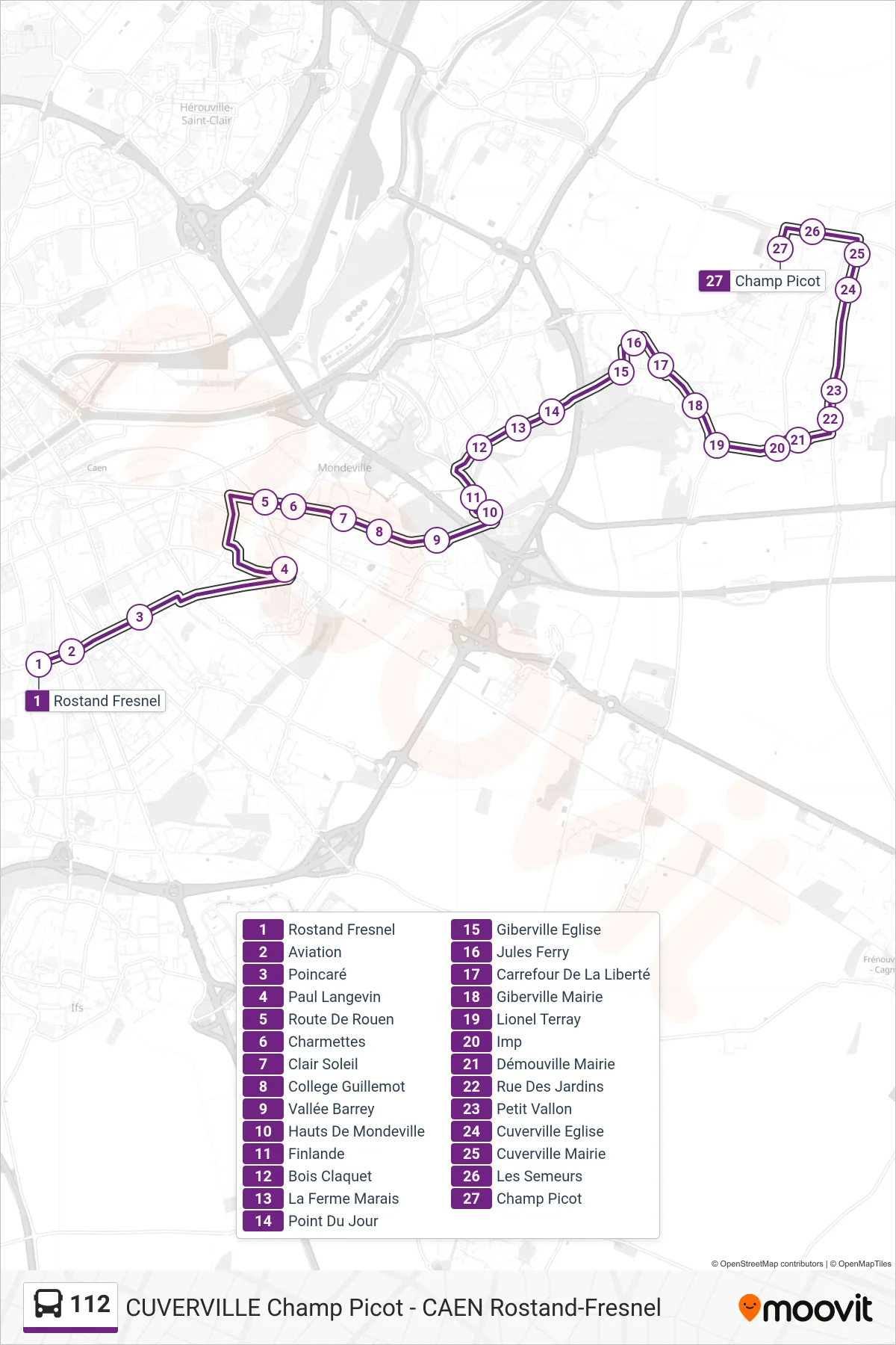 Tracé et arrêts de la ligne 112 de bus (Cuverville Champ Picot) sur une carte