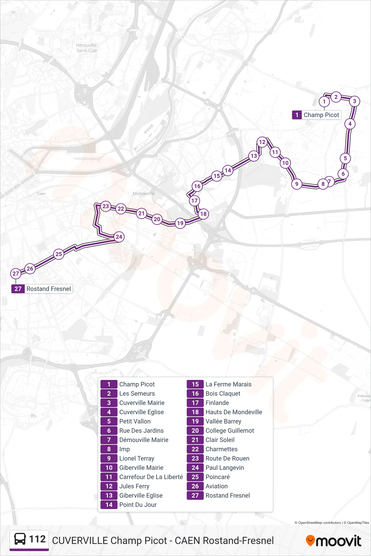Tracé et arrêts de la ligne 112 de bus (Caen Lycées Rostand-Fresnel) sur une carte