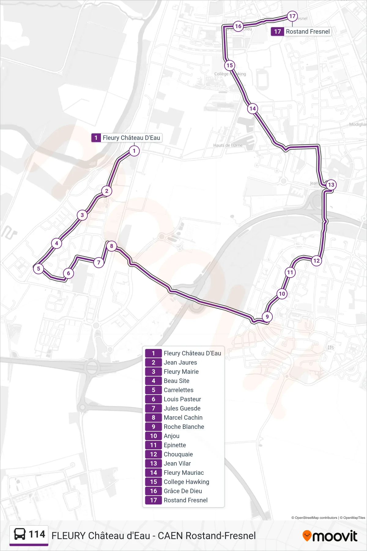 Tracé et arrêts de la ligne 114 de bus (Caen Lycées Rostand-Fresnel) sur une carte
