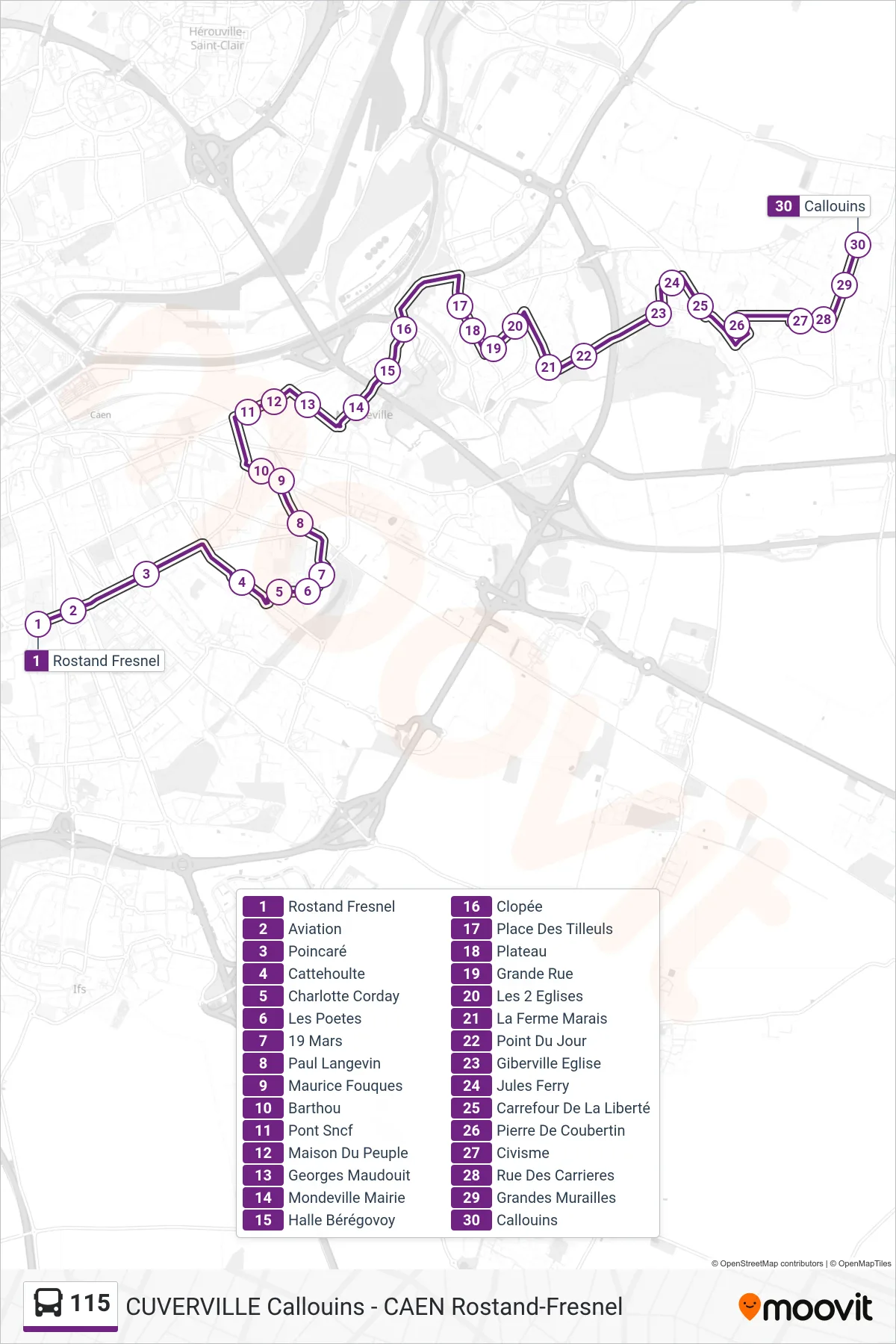 Tracé et arrêts de la ligne 115 de bus (Cuverville Callouins) sur une carte