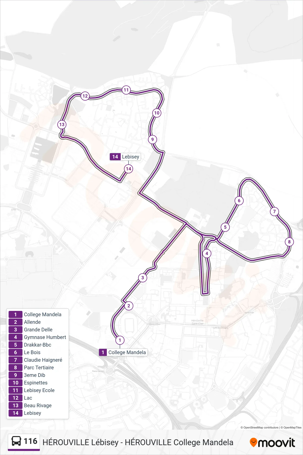 Tracé et arrêts de la ligne 116 de bus (Herouville Lebisey) sur une carte