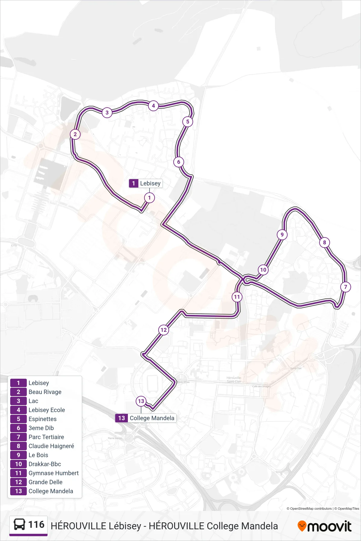 Tracé et arrêts de la ligne 116 de bus (Herouville College Mandela) sur une carte