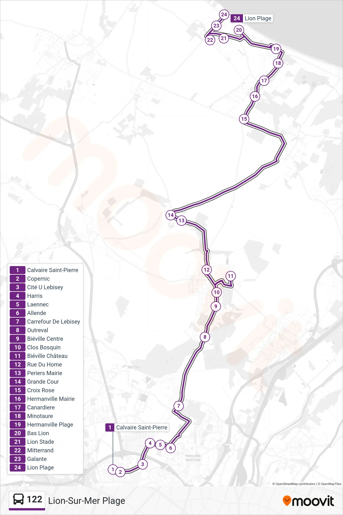 Tracé et arrêts de la ligne 122 de bus (Lion-Sur-Mer Plage) sur une carte
