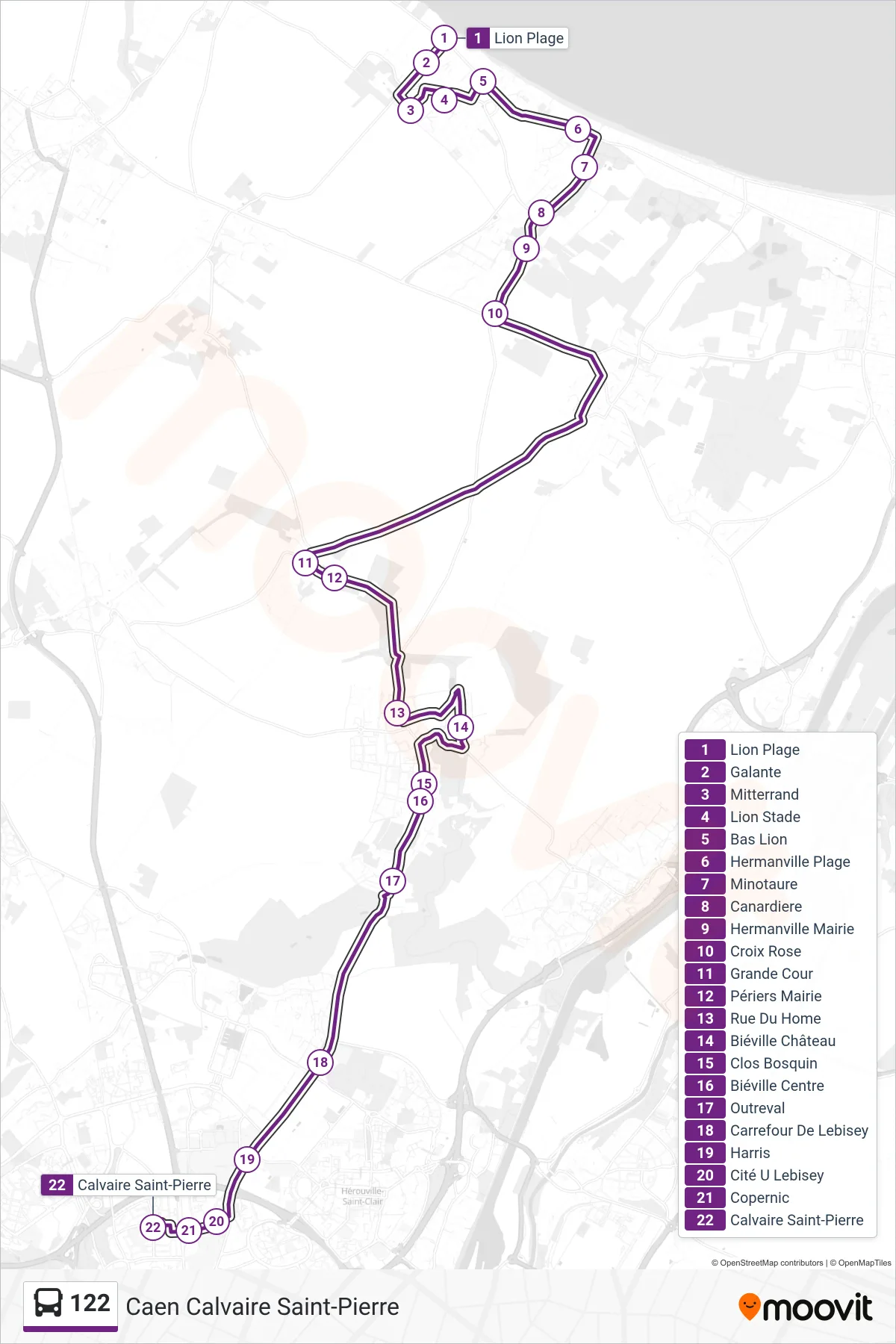 Tracé et arrêts de la ligne 122 de bus (Caen Calvaire Saint-Pierre) sur une carte