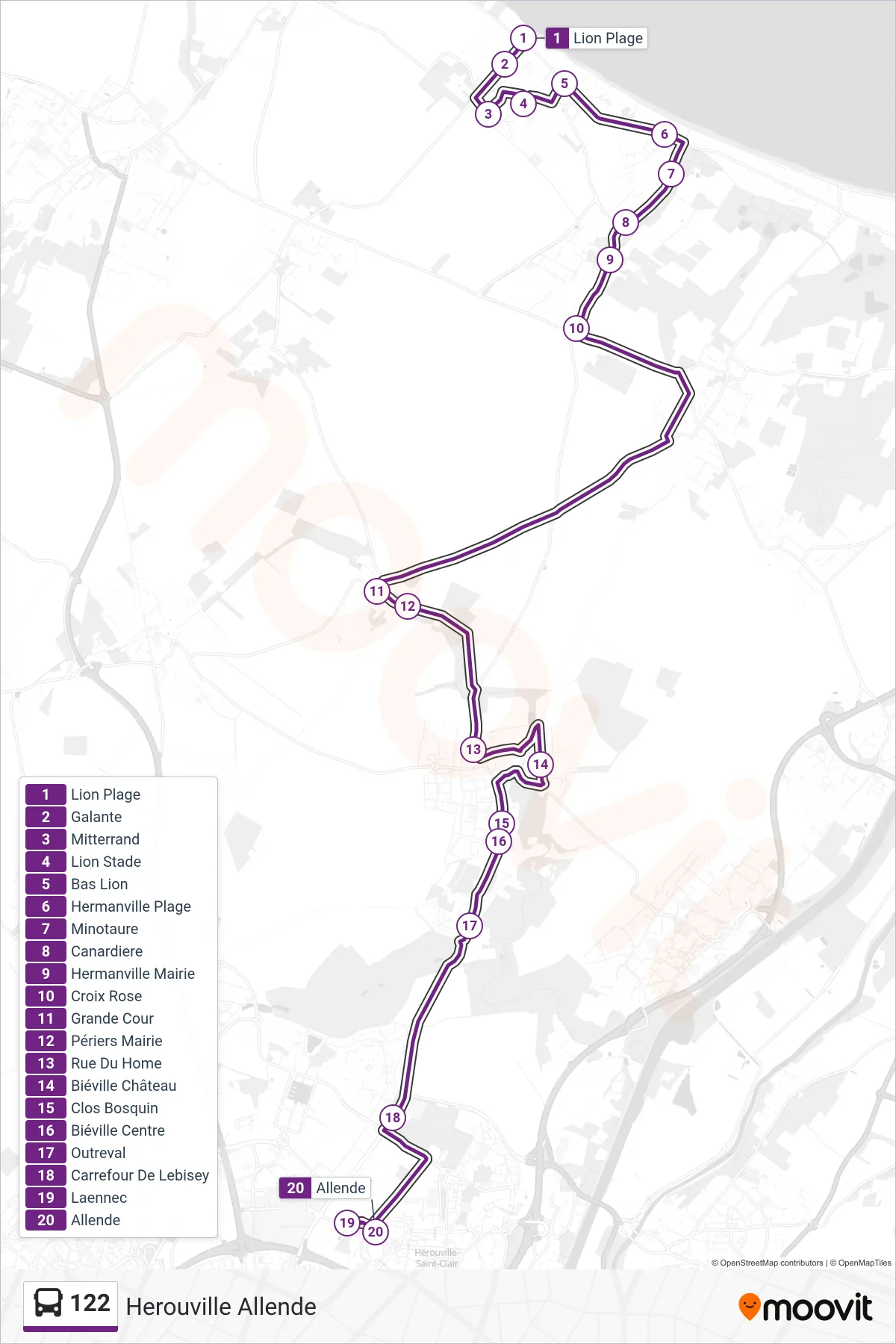 Tracé et arrêts de la ligne 122 de bus (Herouville Allende) sur une carte