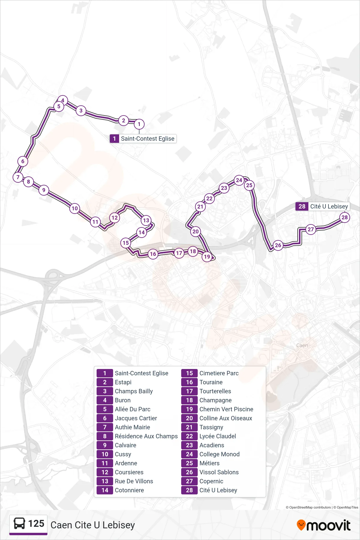 Tracé et arrêts de la ligne 125 de bus (Caen Cite U Lebisey) sur une carte