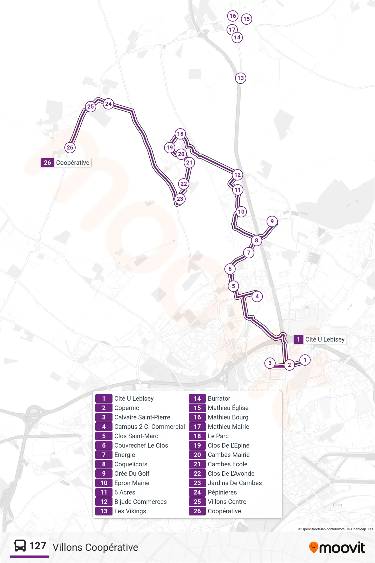 Tracé et arrêts de la ligne 127 de bus (Villons Coopérative) sur une carte