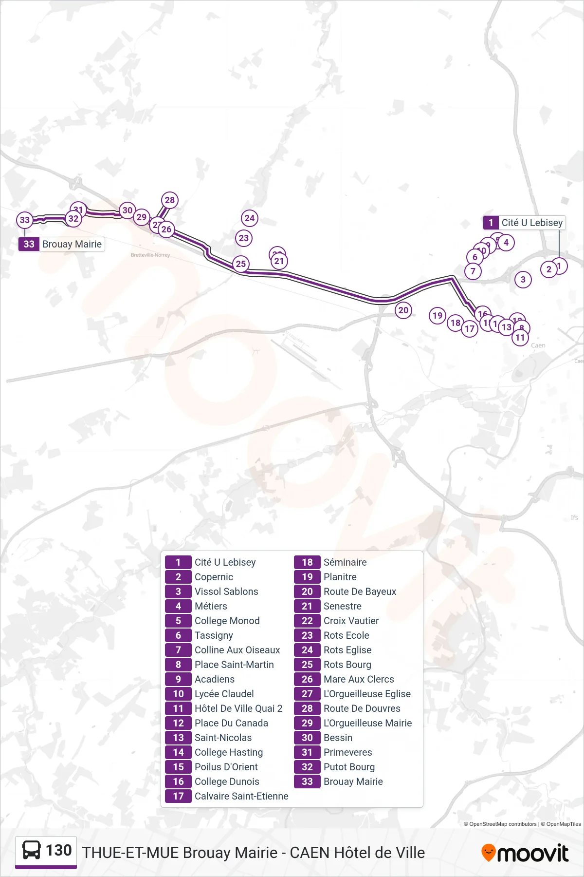 Tracé et arrêts de la ligne 130 de bus (Brouay Mairie) sur une carte