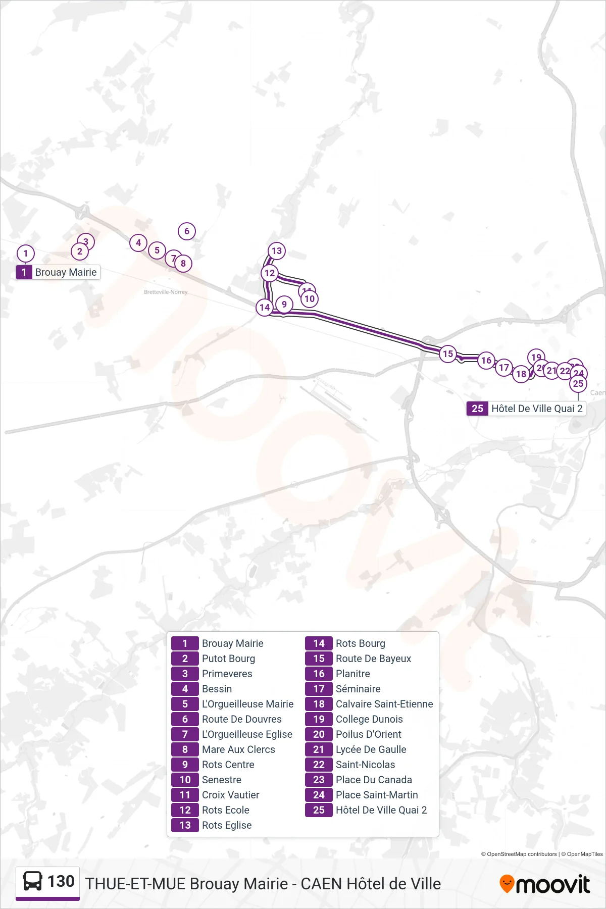 130 bus Line (Caen Hôtel De Ville) route and stops on a map
