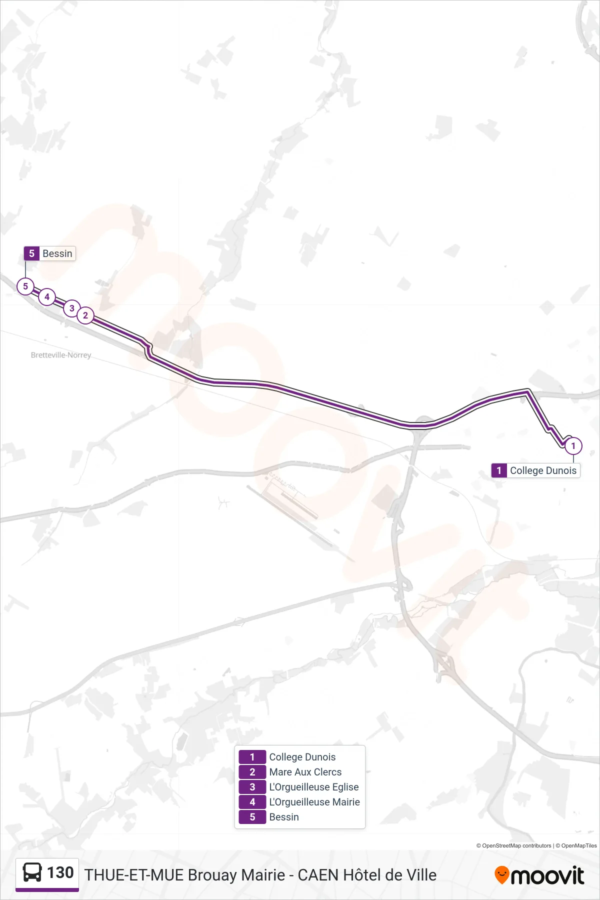 Tracé et arrêts de la ligne 130 de bus (Bretteville Bessin) sur une carte