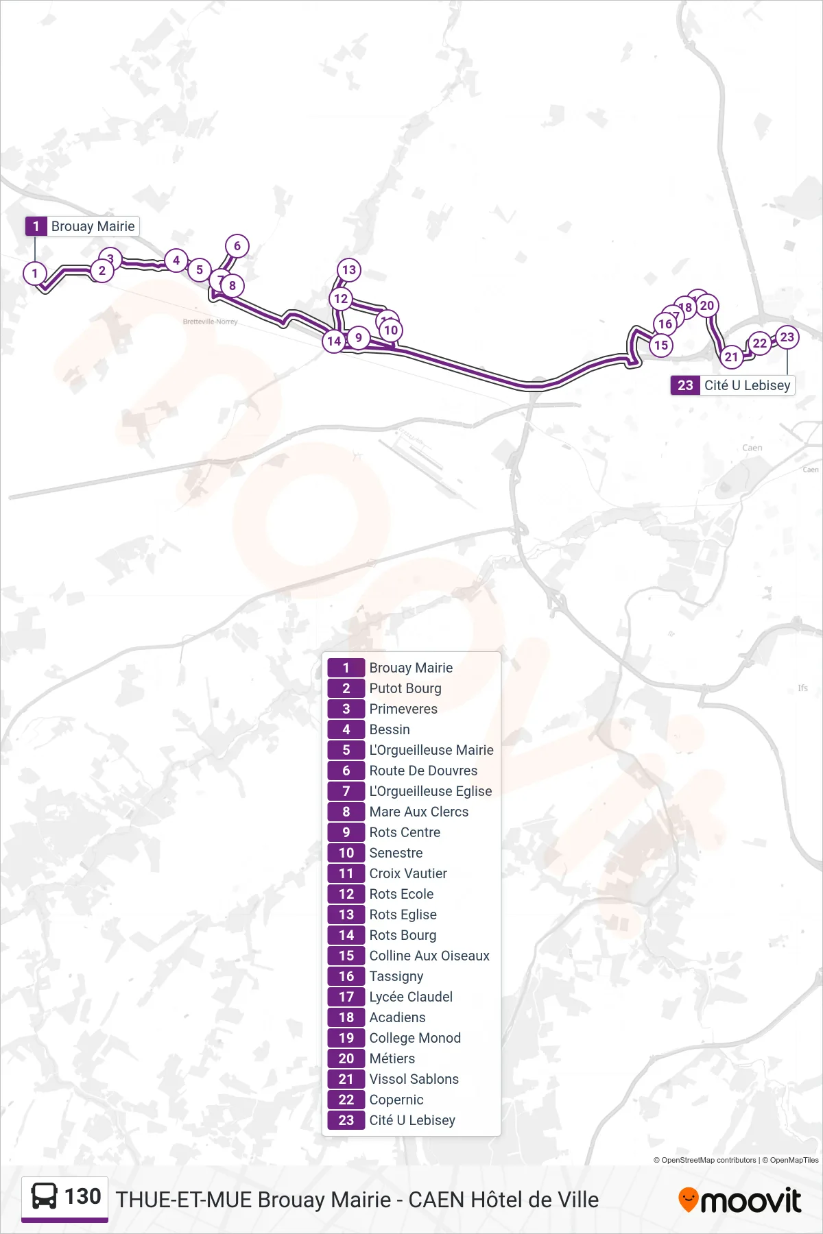 Tracé et arrêts de la ligne 130 de bus (Caen Cite U Lebisey) sur une carte