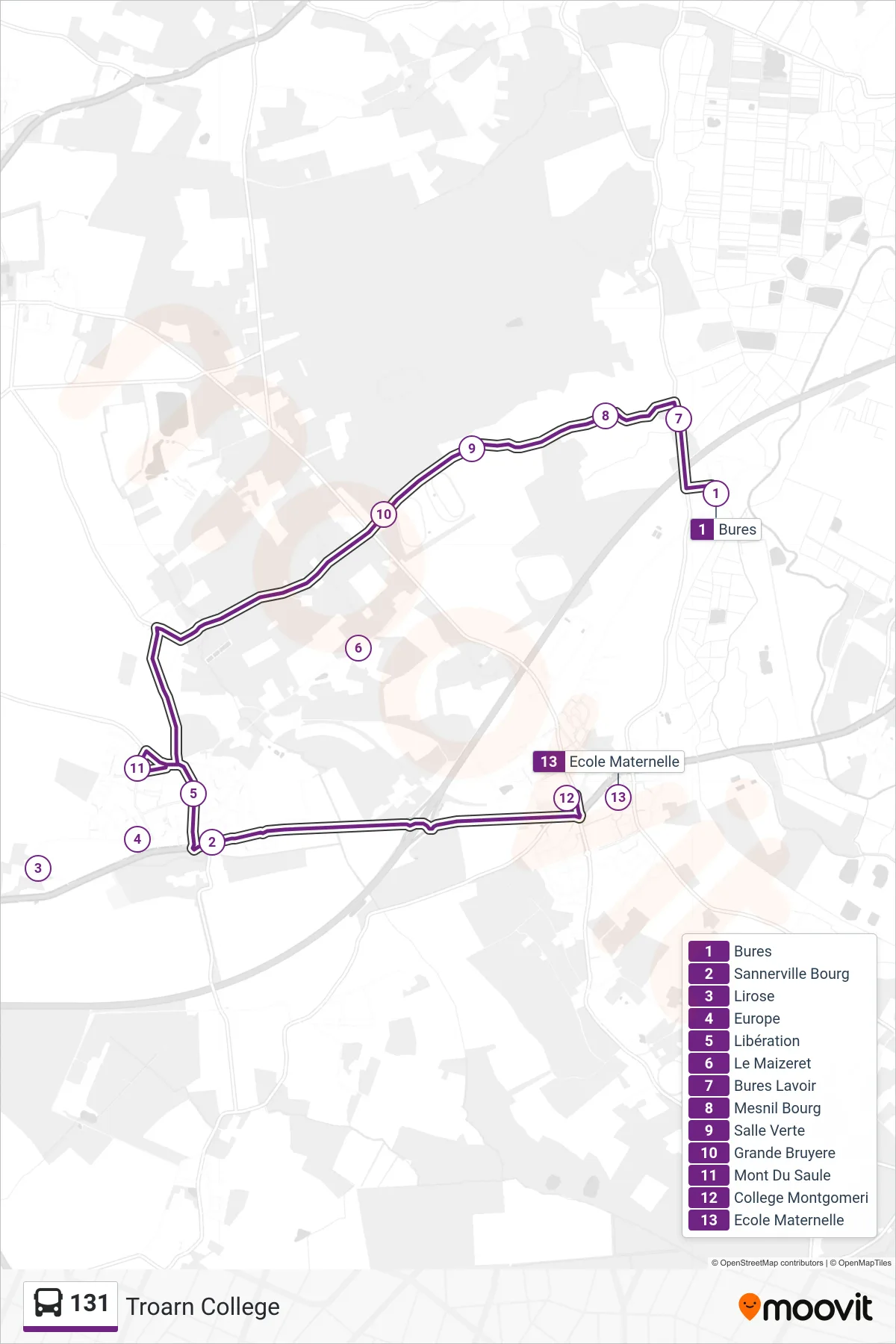 Tracé et arrêts de la ligne 131 de bus (Troarn College) sur une carte