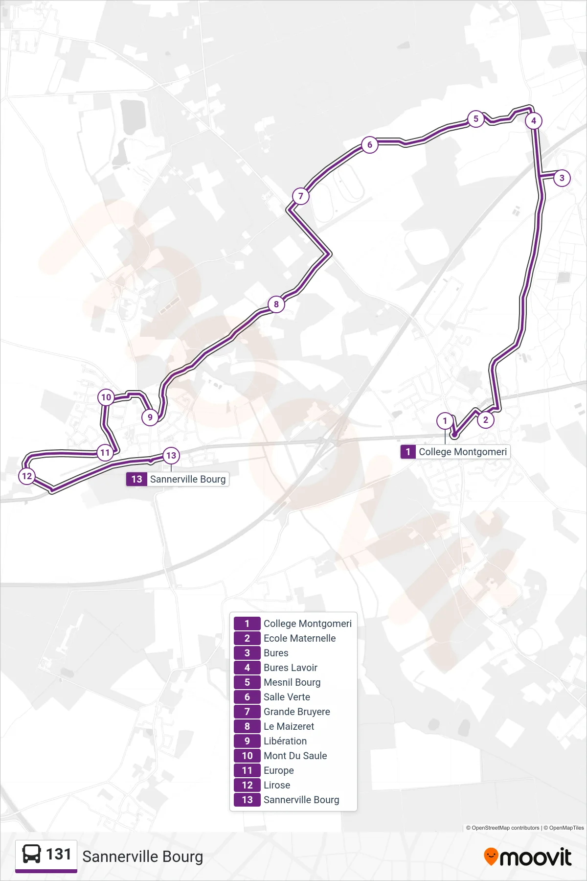 Recorrido y paradas de la línea 131 de autobús (Sannerville Bourg) en el mapa