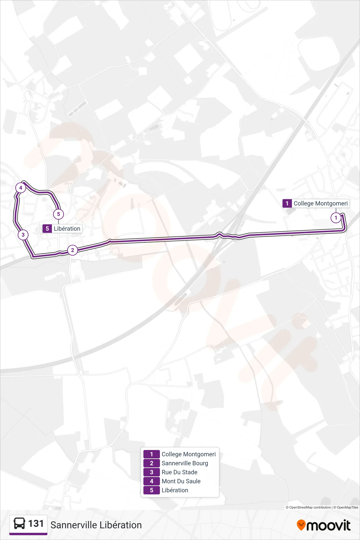 Tracé et arrêts de la ligne 131 de bus (Sannerville Libération) sur une carte